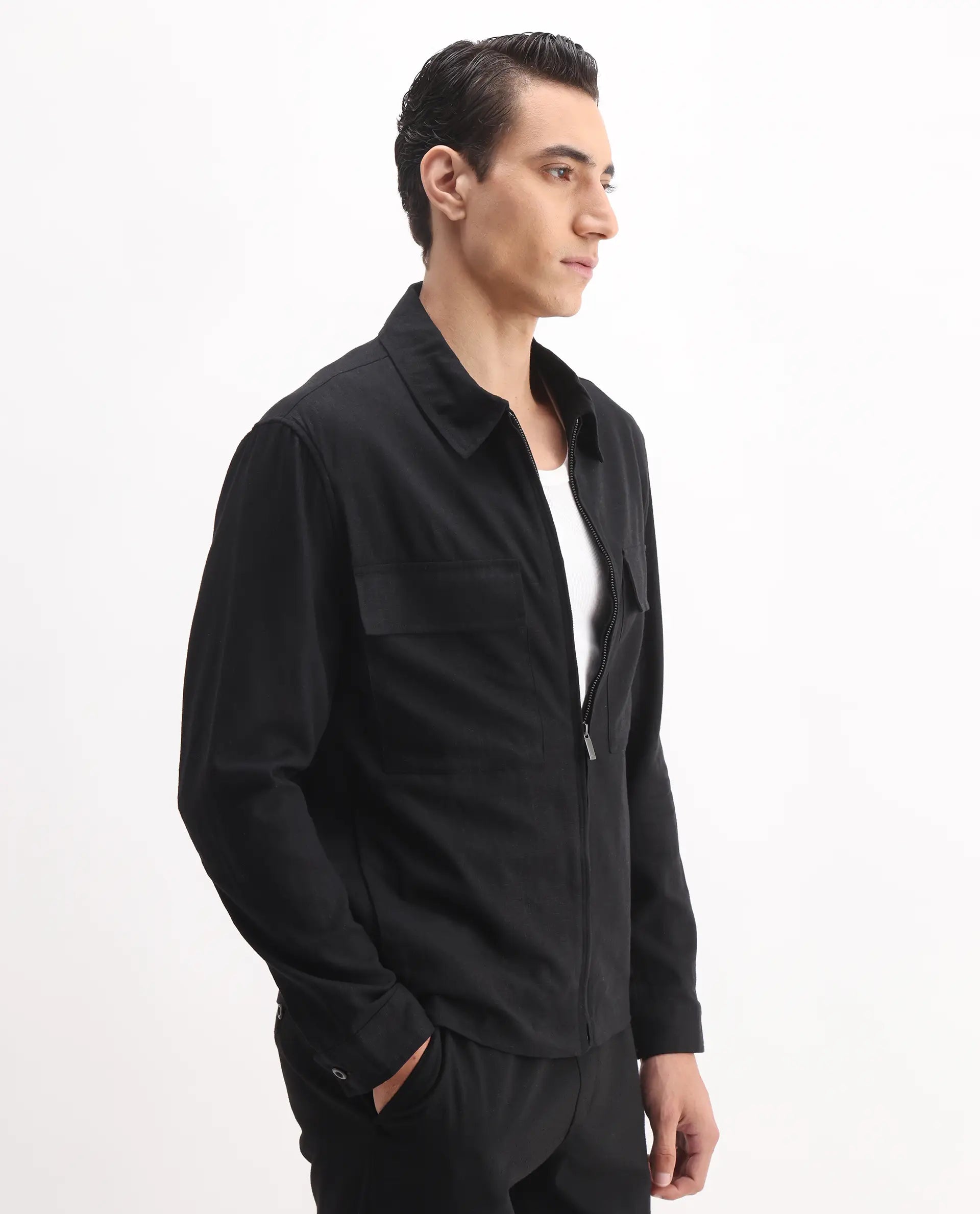 Rare Rabbit Men's Jomo-T Black Linen Blend Plain Relaxed Fit Full Sleeve Collared Shaket
