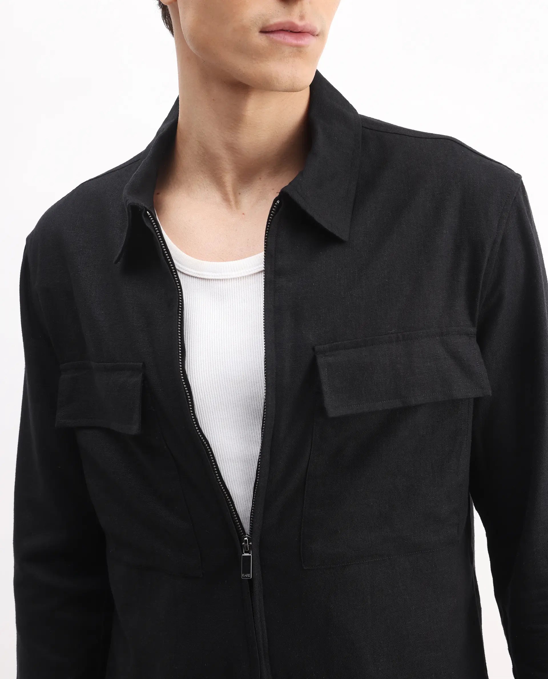 Rare Rabbit Men's Jomo-T Black Linen Blend Plain Relaxed Fit Full Sleeve Collared Shaket