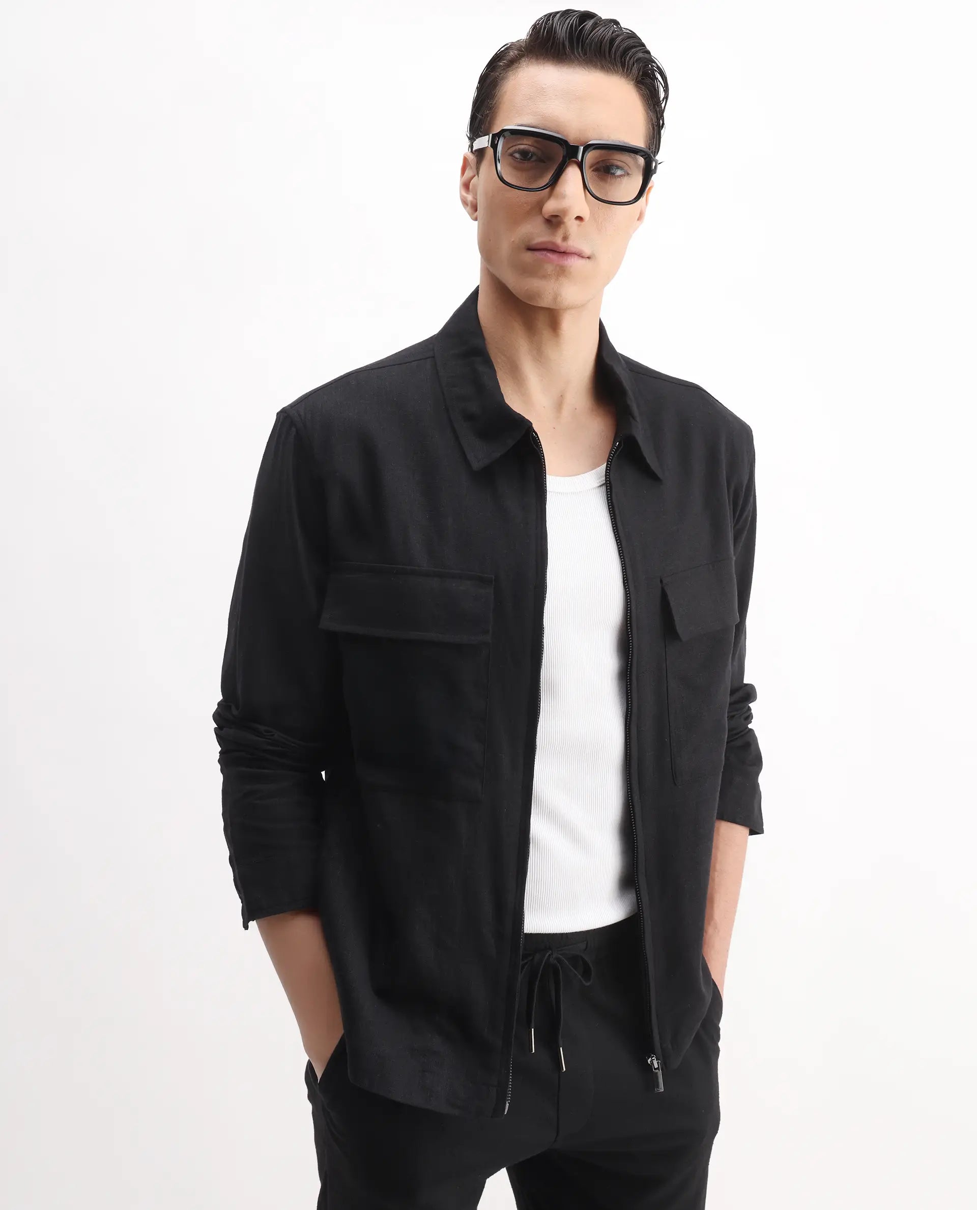 Rare Rabbit Men's Jomo-T Black Linen Blend Plain Relaxed Fit Full Sleeve Collared Shaket