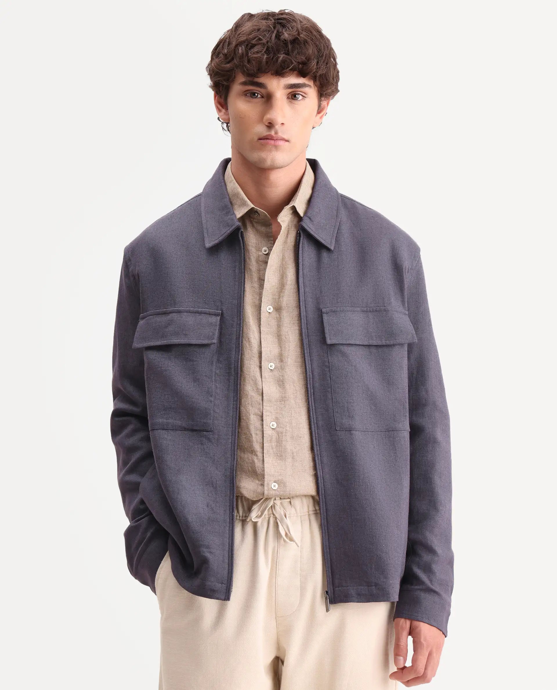 Rare Rabbit Men's Jomo-T-26 Dusky Purple Linen Blend Spread Collar Zipper Regular Plain Shacket