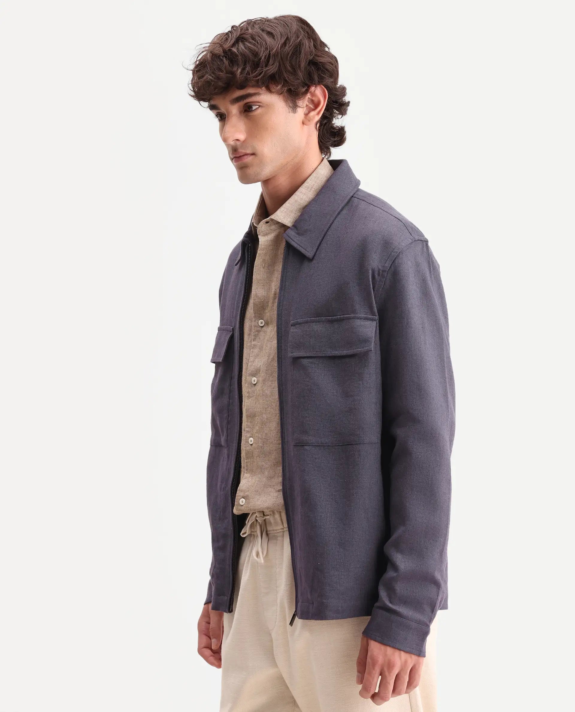 Rare Rabbit Men's Jomo-T-26 Dusky Purple Linen Blend Spread Collar Zipper Regular Plain Shacket