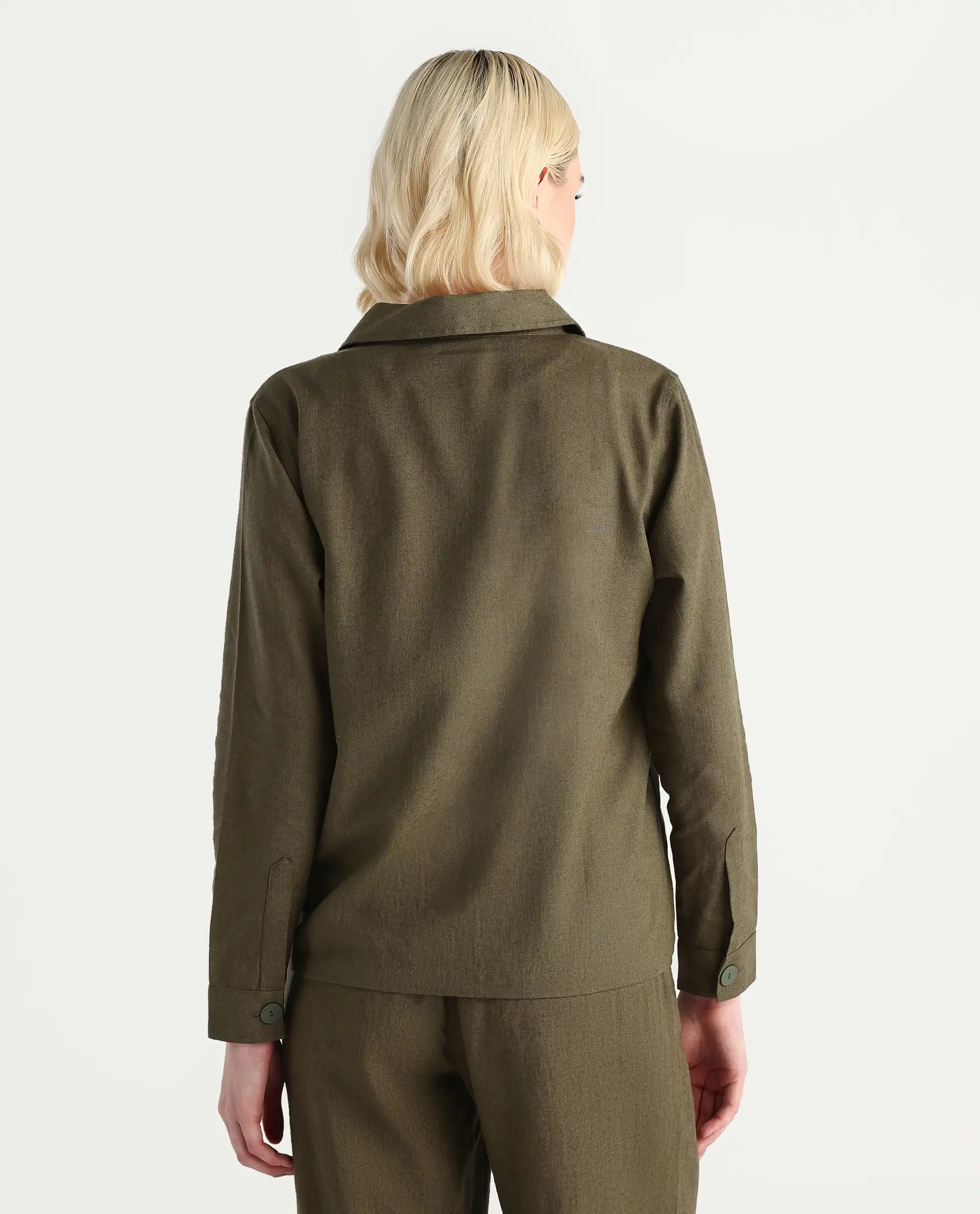 Rareism Women's Jomow-T Olive Linen Blend Collared Neck Regular Plain Shacket