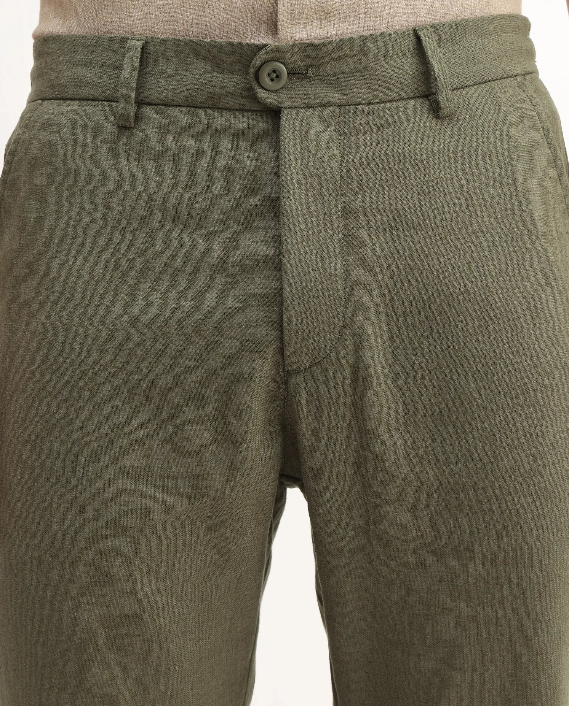 Rare Rabbit Men's Jomo-B Olive Linen Blend Plain Regular Fit Trouser