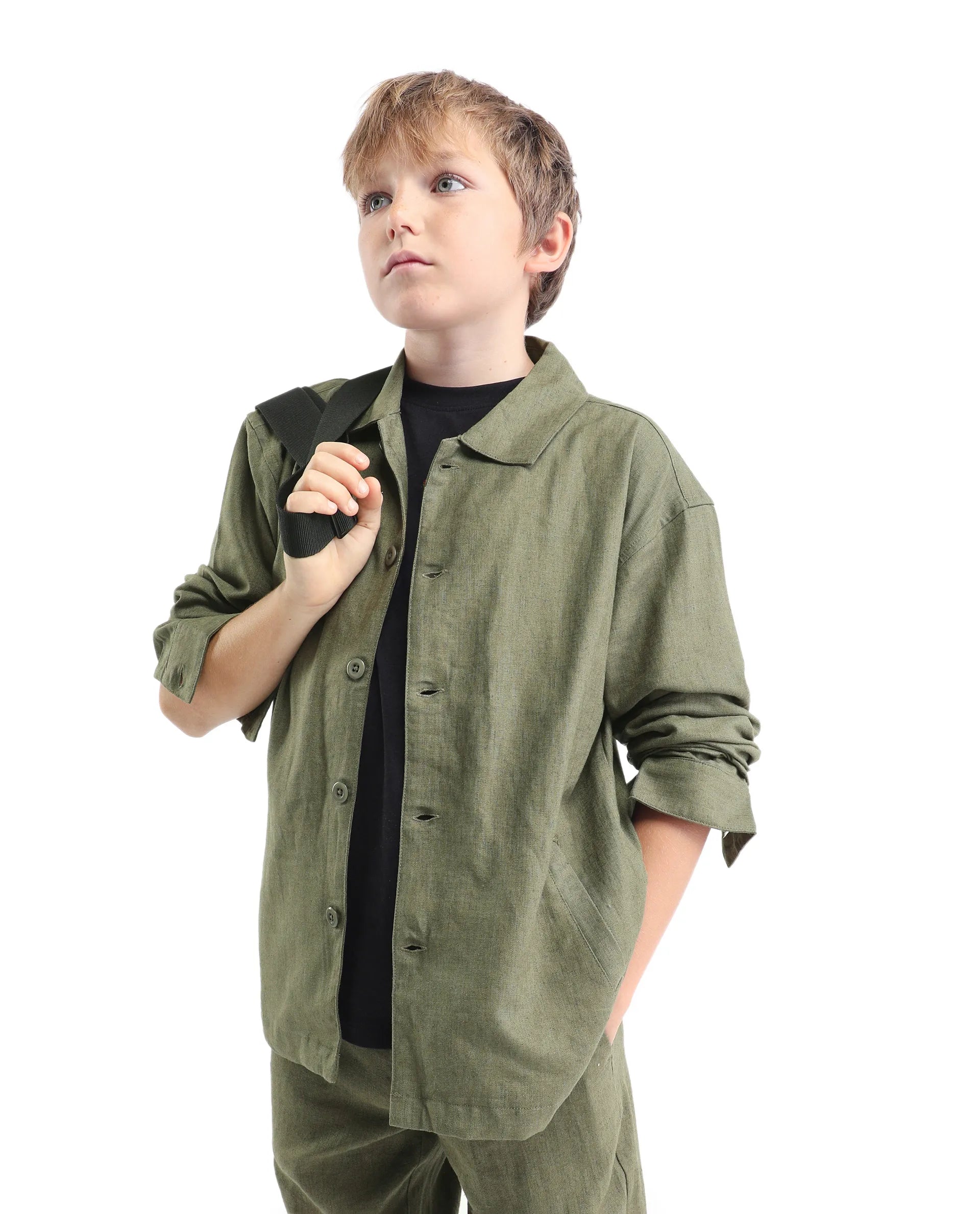 Rare Ones Kids Jomok-T Olive Linen Blend Button Closure Flat Collar Plain Full Sleeves Regular Fit Jacket