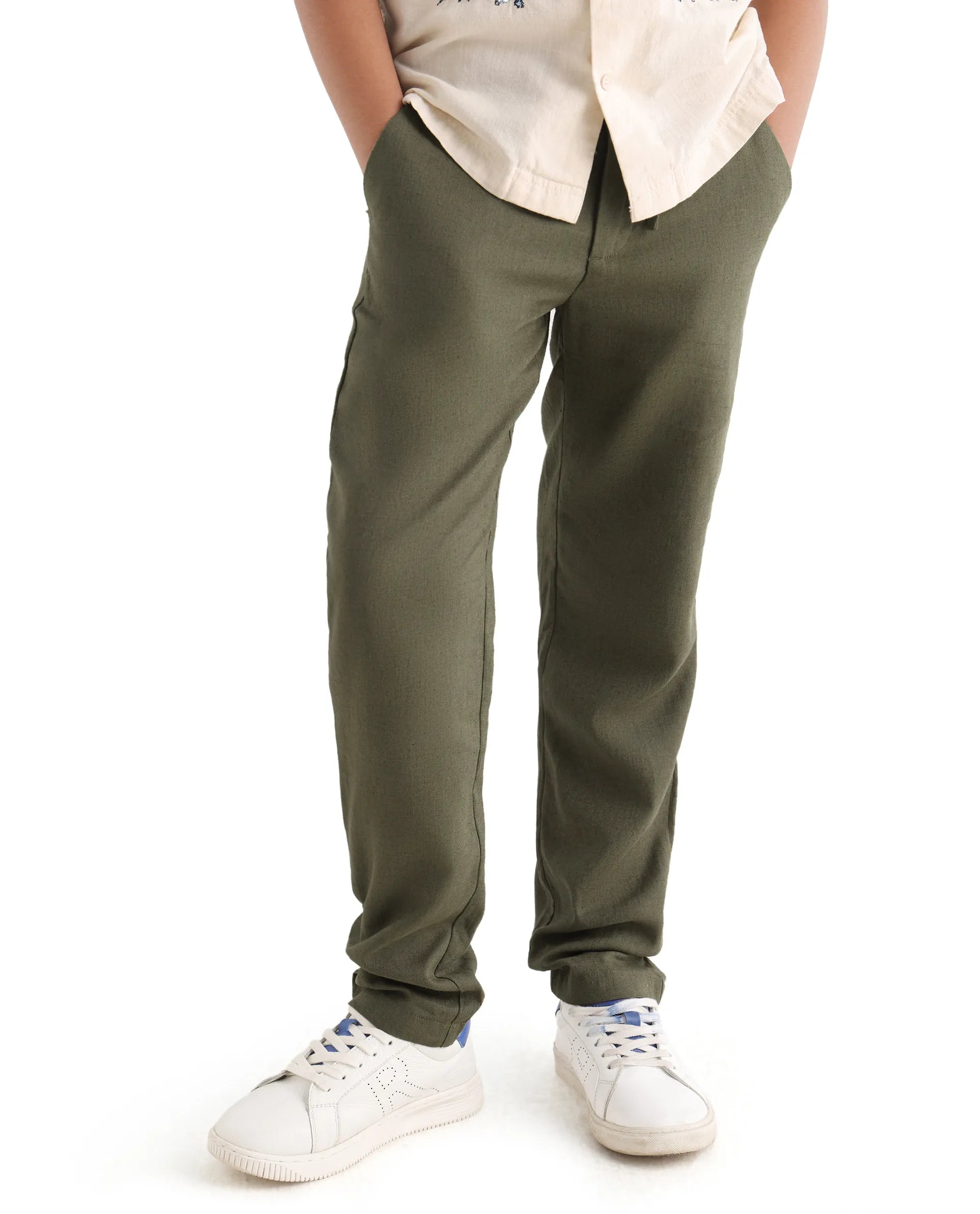 Rare Ones Kids Jomok-B Olive Linen Blend Solid Drawstring Closure Regular Fit Trouser