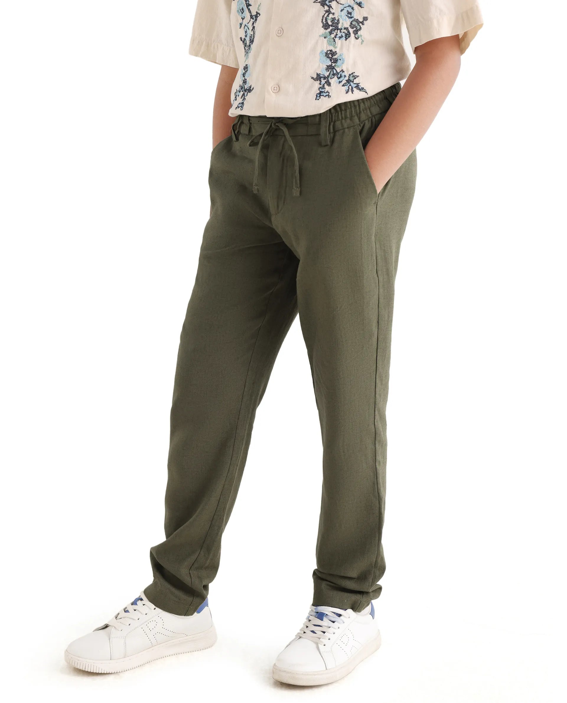 Rare Ones Kids Jomok-B Olive Linen Blend Solid Drawstring Closure Regular Fit Trouser