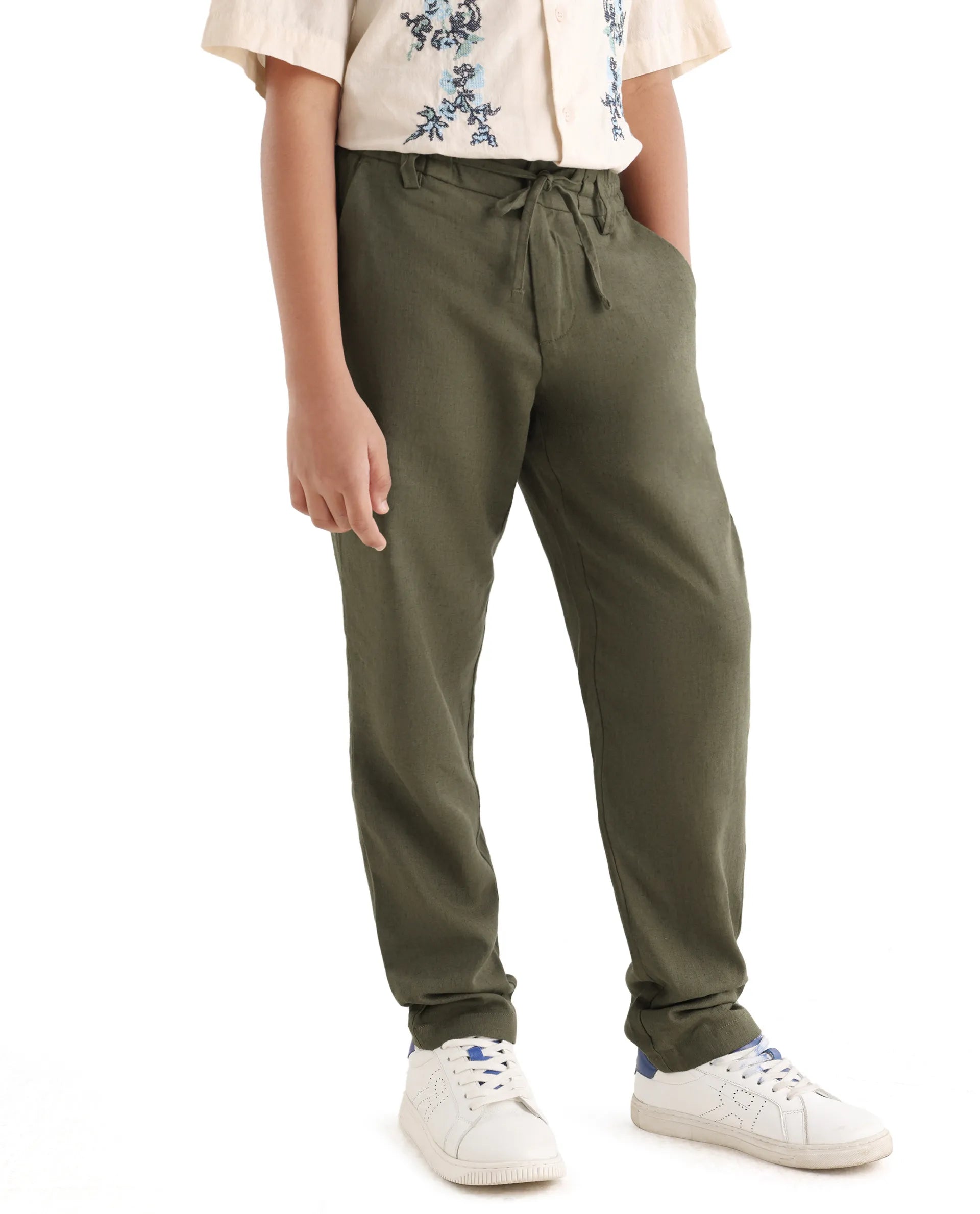 Rare Ones Kids Jomok-B Olive Linen Blend Solid Drawstring Closure Regular Fit Trouser