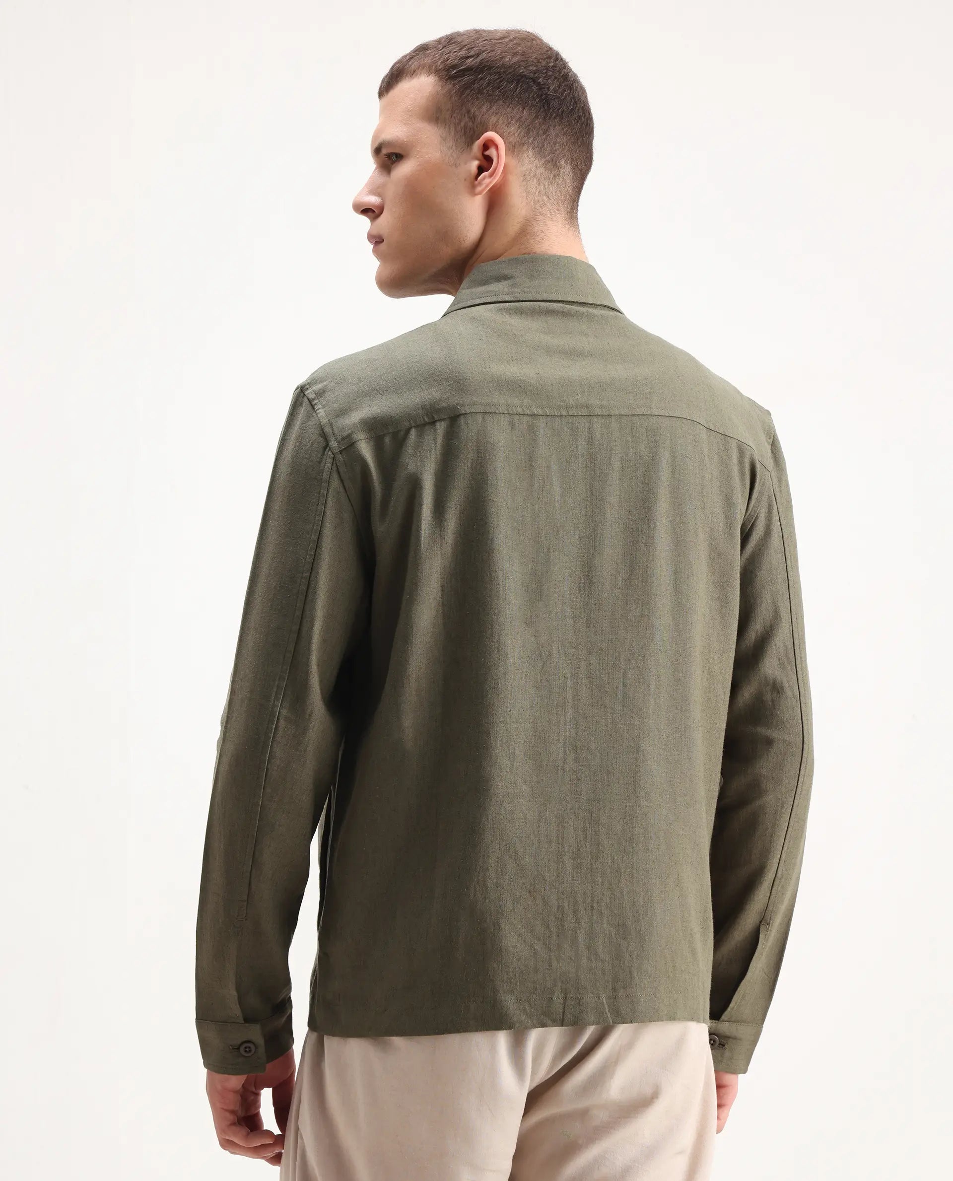 Rare Rabbit Men's Jomo-T Olive Linen Blend Plain Relaxed Fit Full Sleeve Collared Shaket