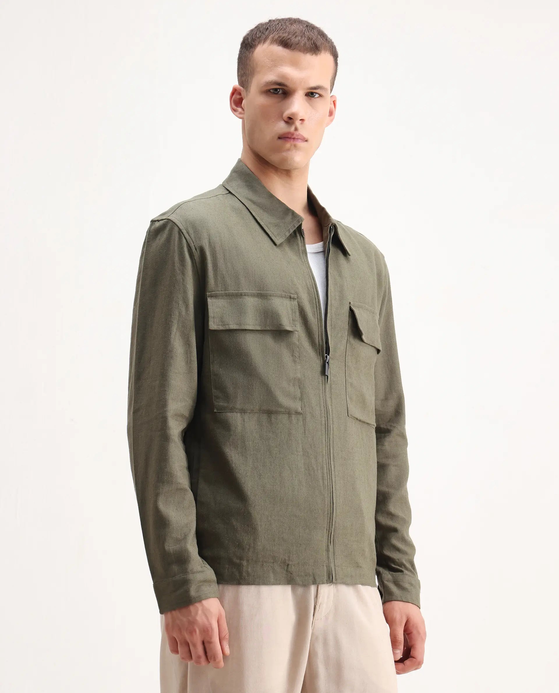 Rare Rabbit Men's Jomo-T Olive Linen Blend Plain Relaxed Fit Full Sleeve Collared Shaket