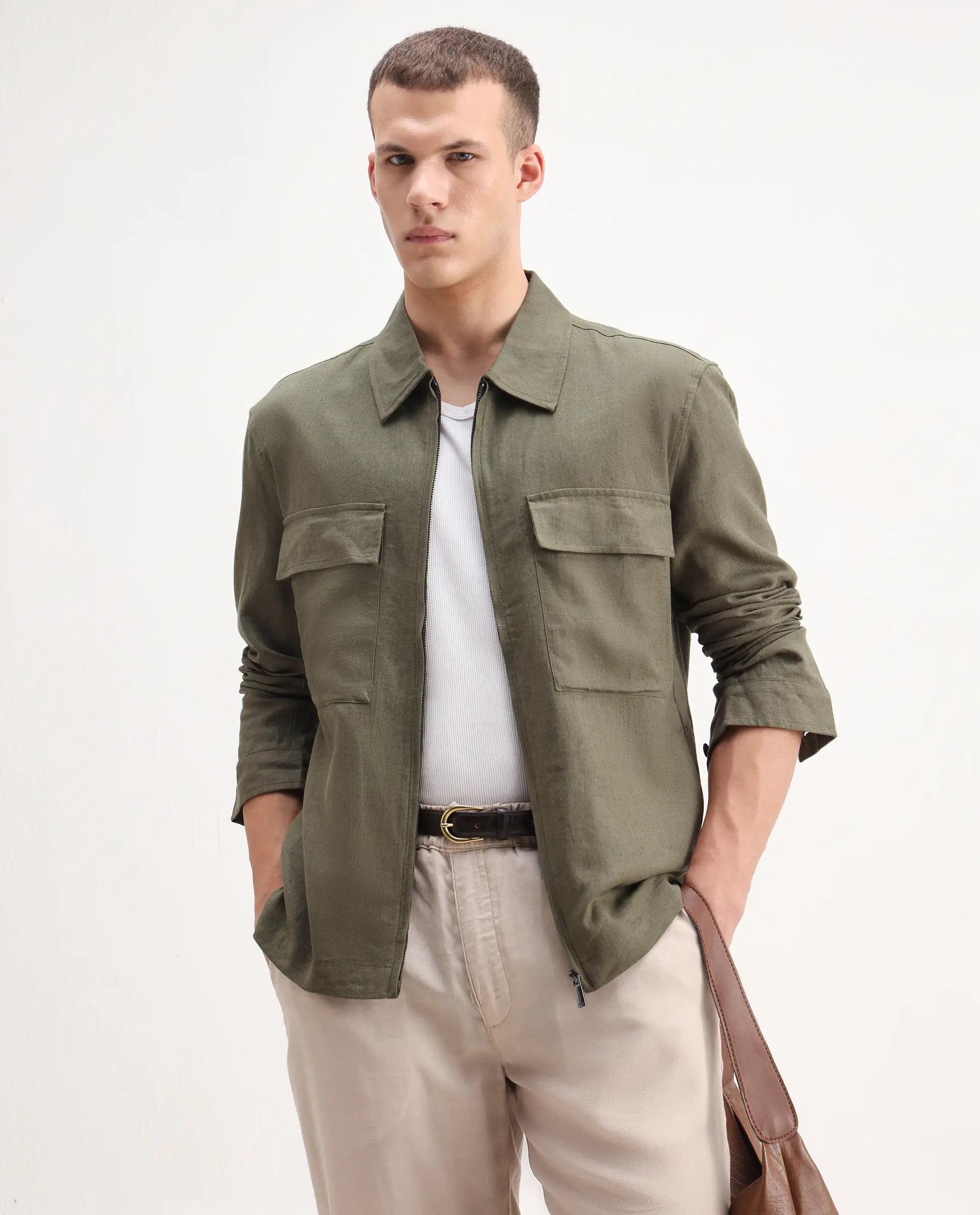 Rare Rabbit Men's Jomo-T Olive Linen Blend Plain Relaxed Fit Full Sleeve Collared Shaket