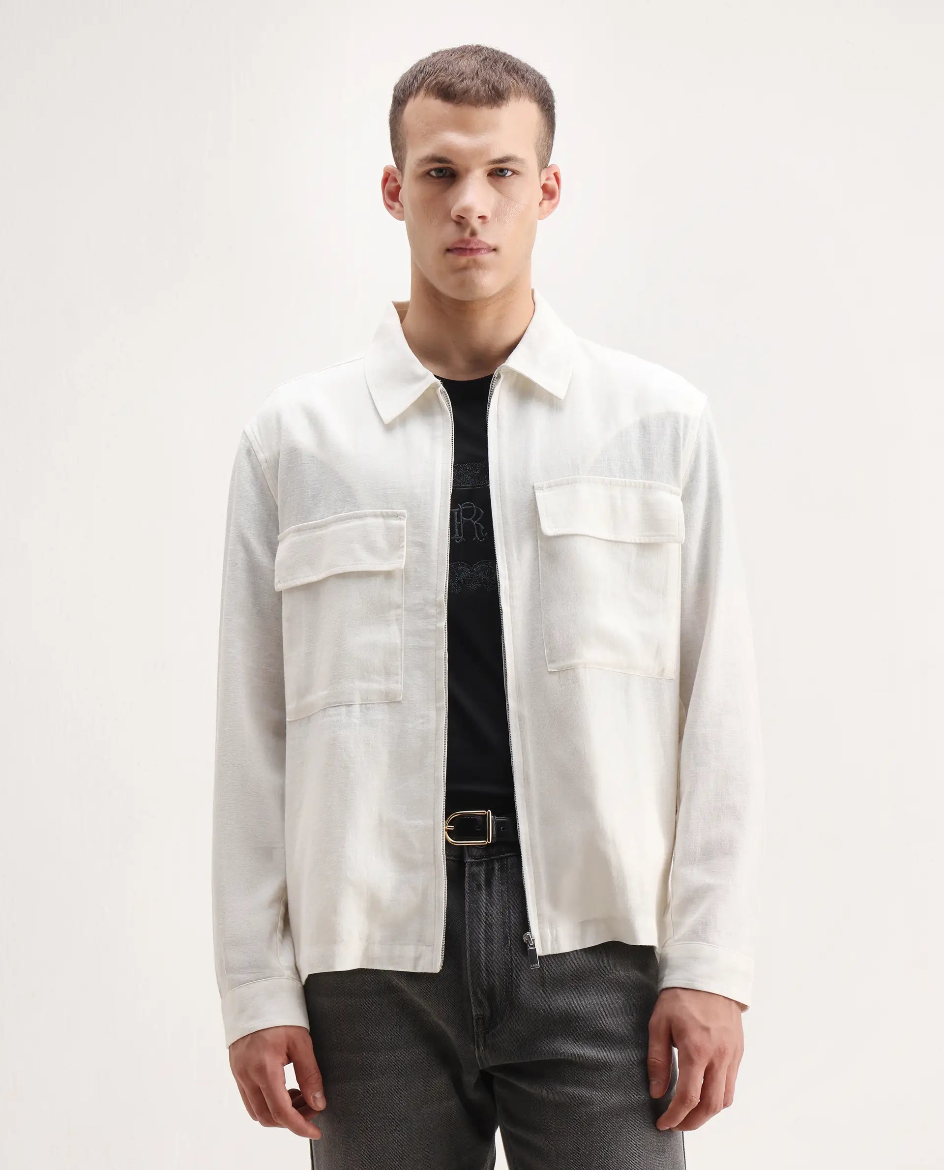 Rare Rabbit Men's Jomo-T White Linen Blend Plain Relaxed Fit Full Sleeve Collared Shaket