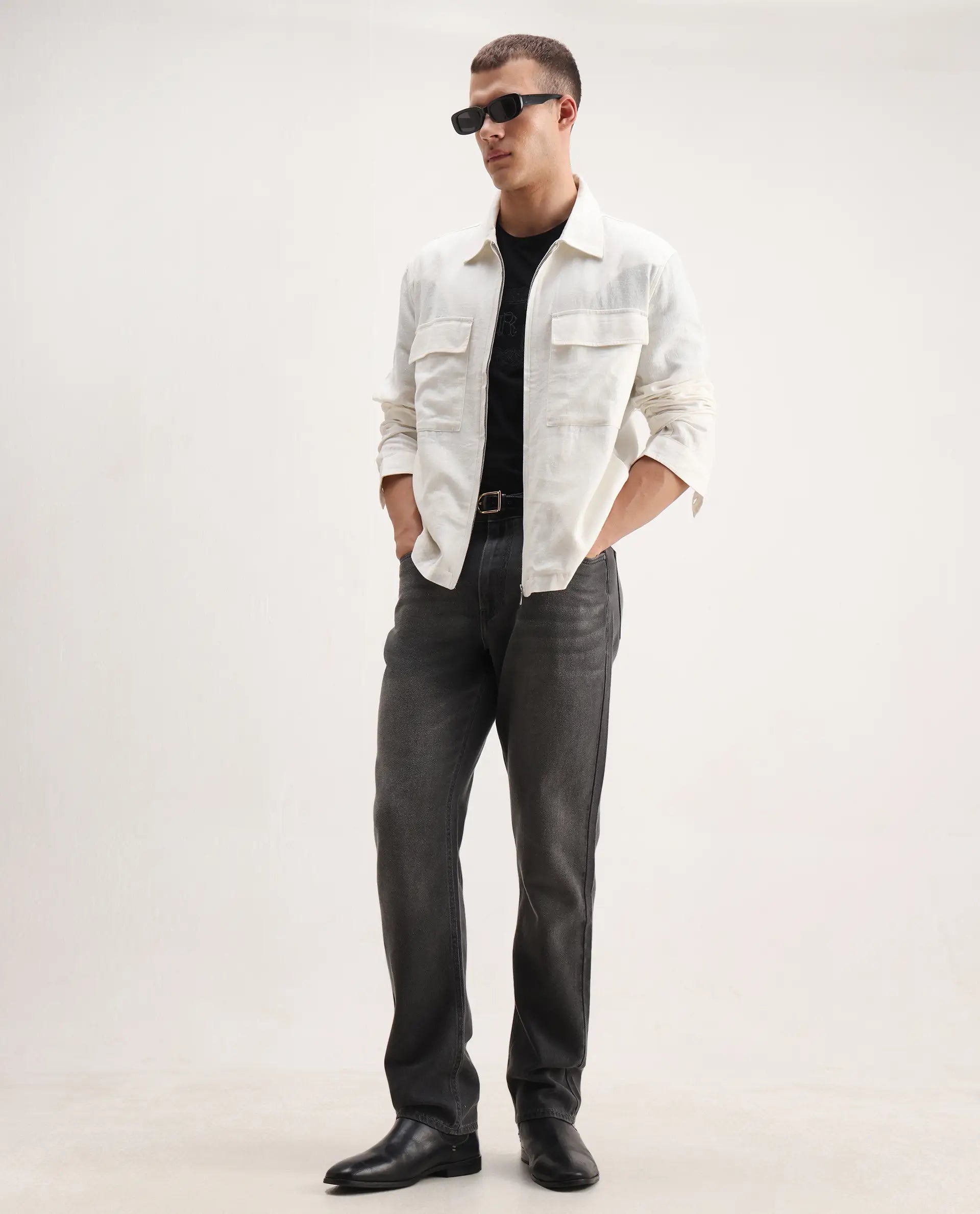 Rare Rabbit Men's Jomo-T White Linen Blend Plain Relaxed Fit Full Sleeve Collared Shaket