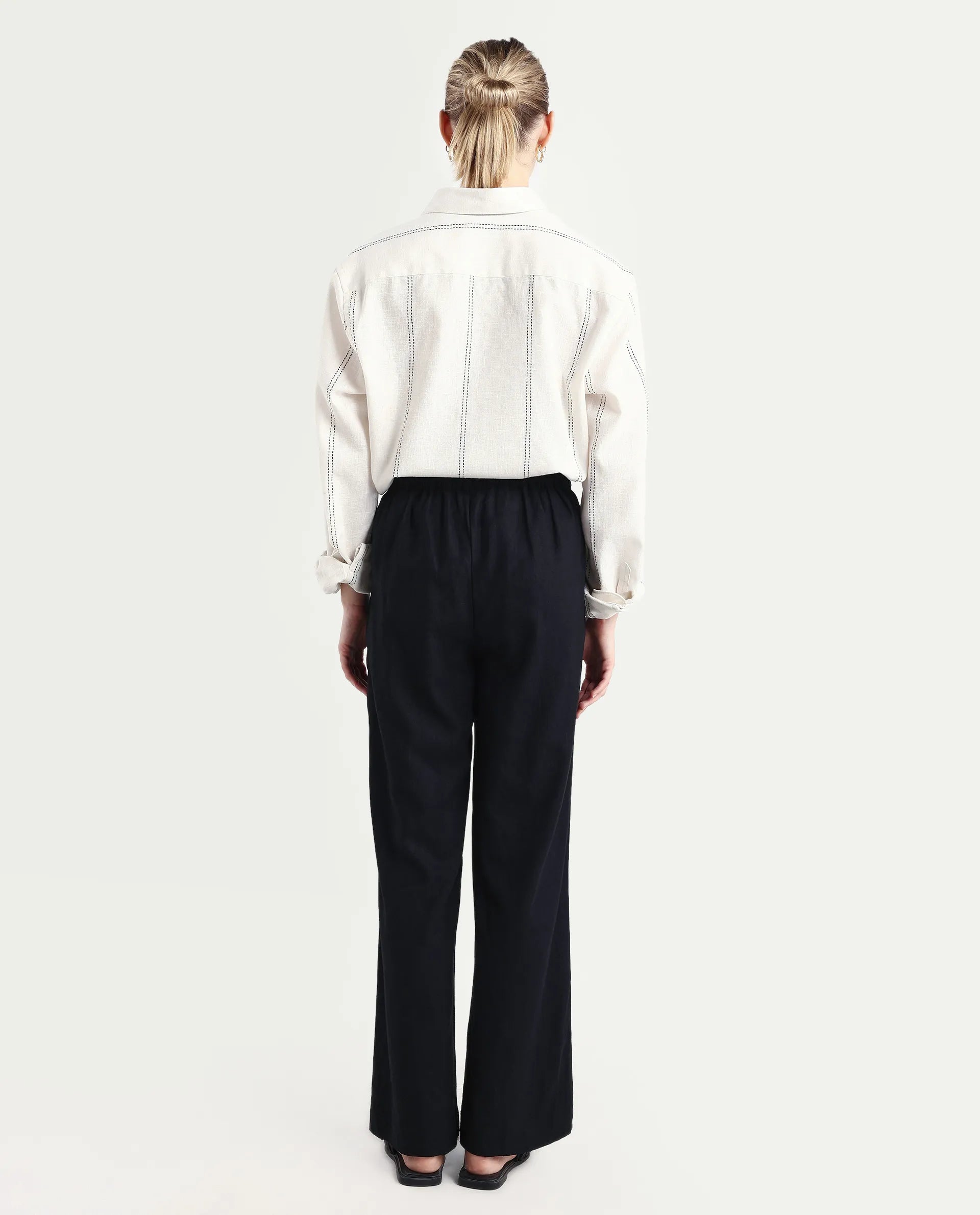 Rareism Women's Jomow-B Black Linen Blend Regular Fit Trouser