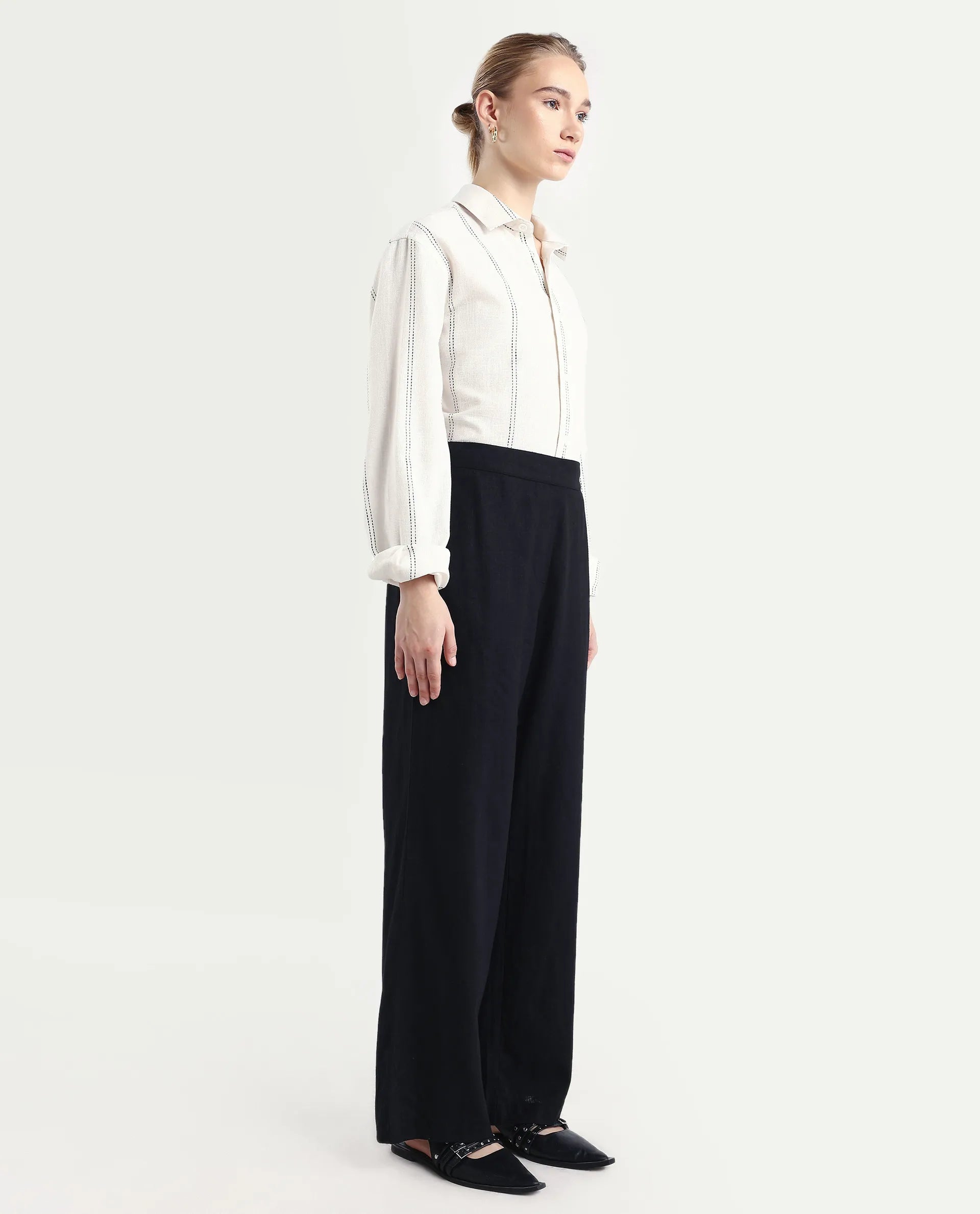 Rareism Women's Jomow-B Black Linen Blend Regular Fit Trouser