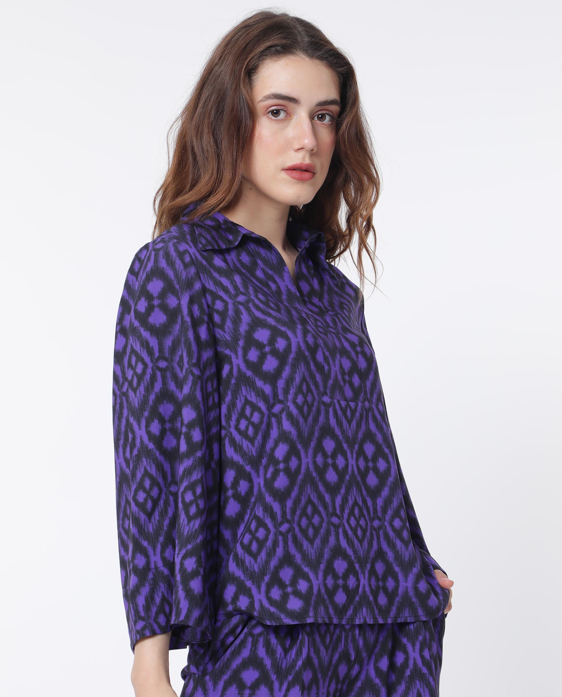 Rareism Women Jones Dark Navy Viscose Fabric Full Sleeves Shirt Collar Flared Sleeve Relaxed Fit Geometric Print Boxy Top