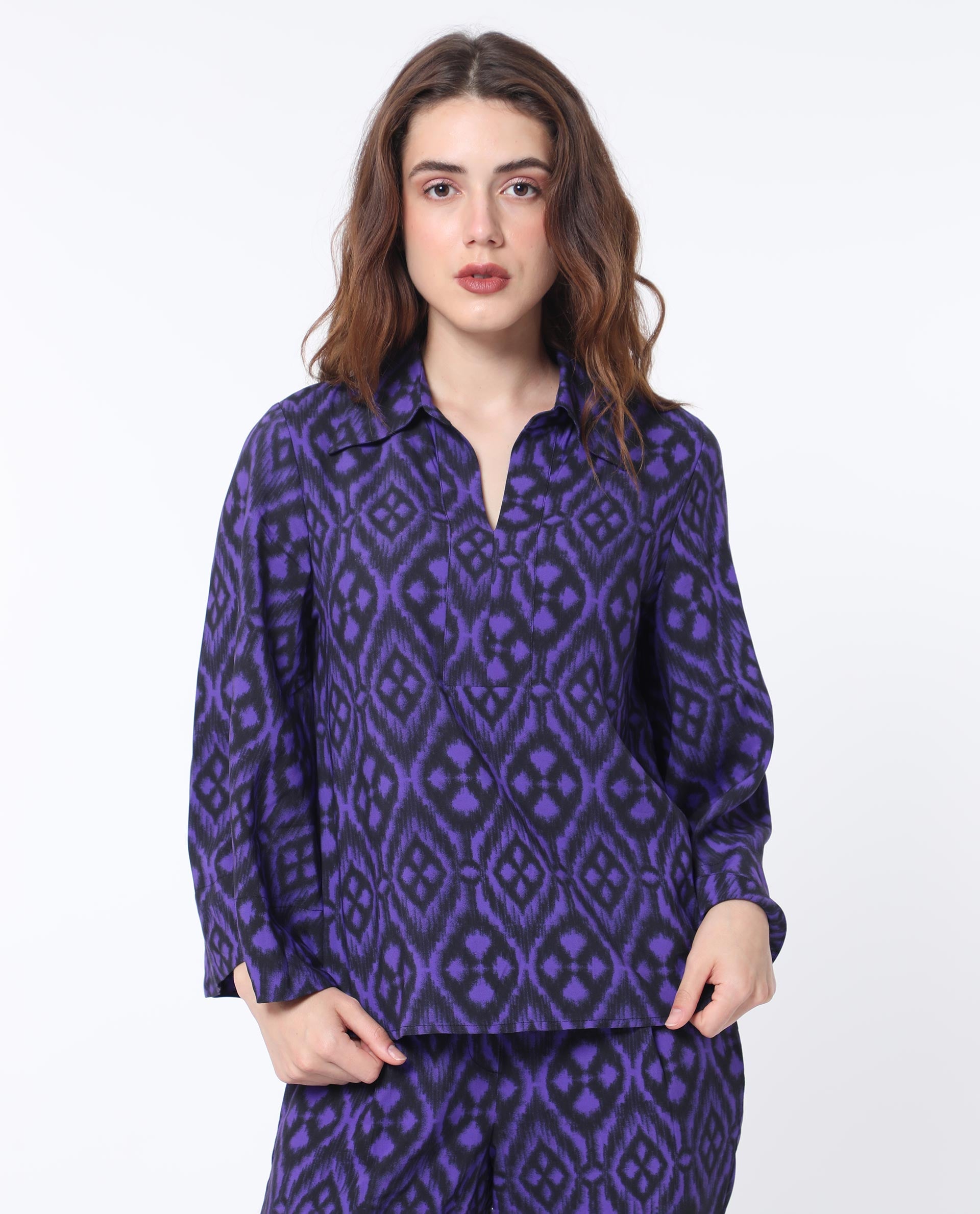 Rareism Women Jones Dark Navy Viscose Fabric Full Sleeves Shirt Collar Flared Sleeve Relaxed Fit Geometric Print Boxy Top