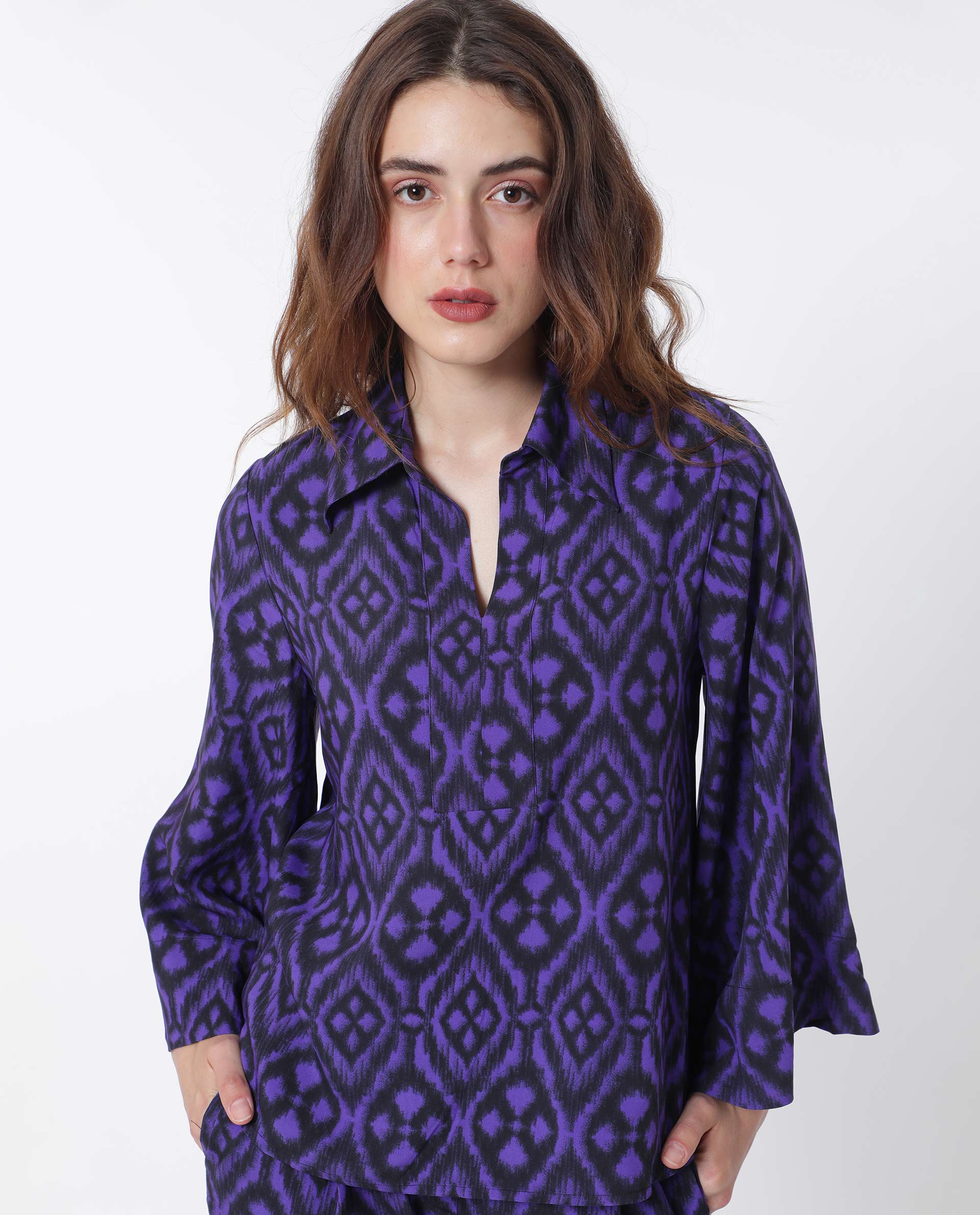 Rareism Women Jones Dark Navy Viscose Fabric Full Sleeves Shirt Collar Flared Sleeve Relaxed Fit Geometric Print Boxy Top