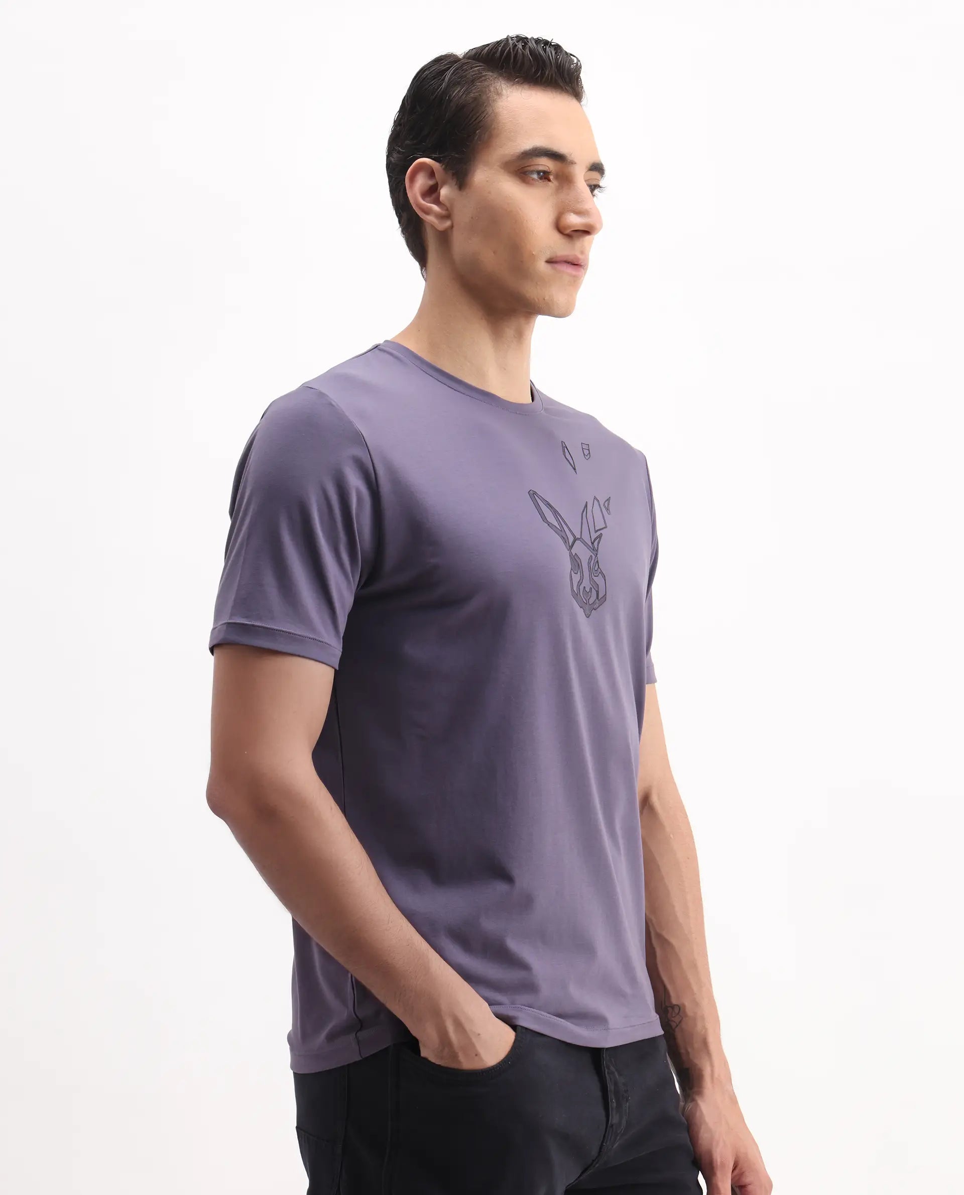 Rare Rabbit Men's Joon Dusky Purple Cotton Blend Graphic Print Regular Fit Half Sleeve Crew Neck T-Shirt
