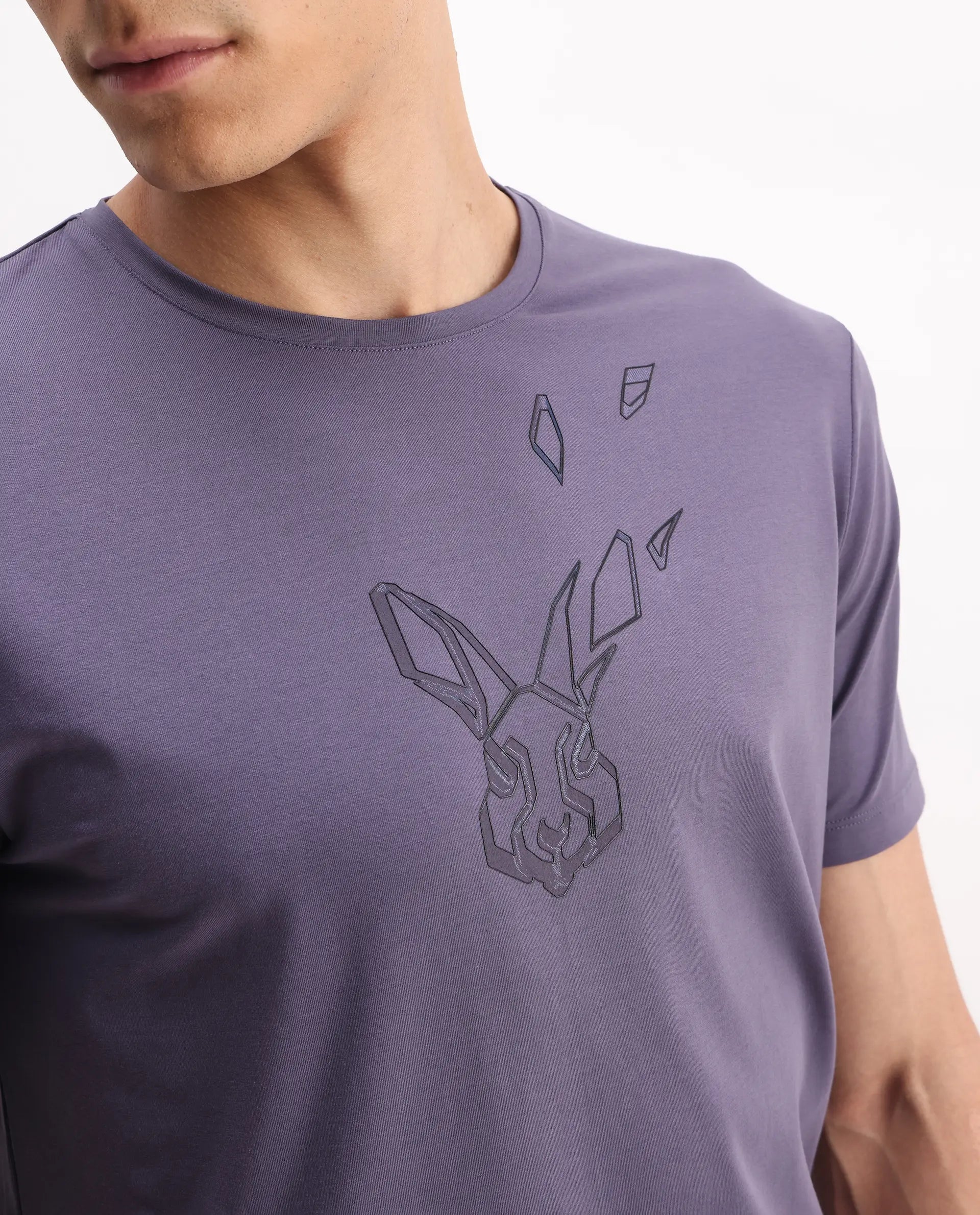 Rare Rabbit Men's Joon Dusky Purple Cotton Blend Graphic Print Regular Fit Half Sleeve Crew Neck T-Shirt