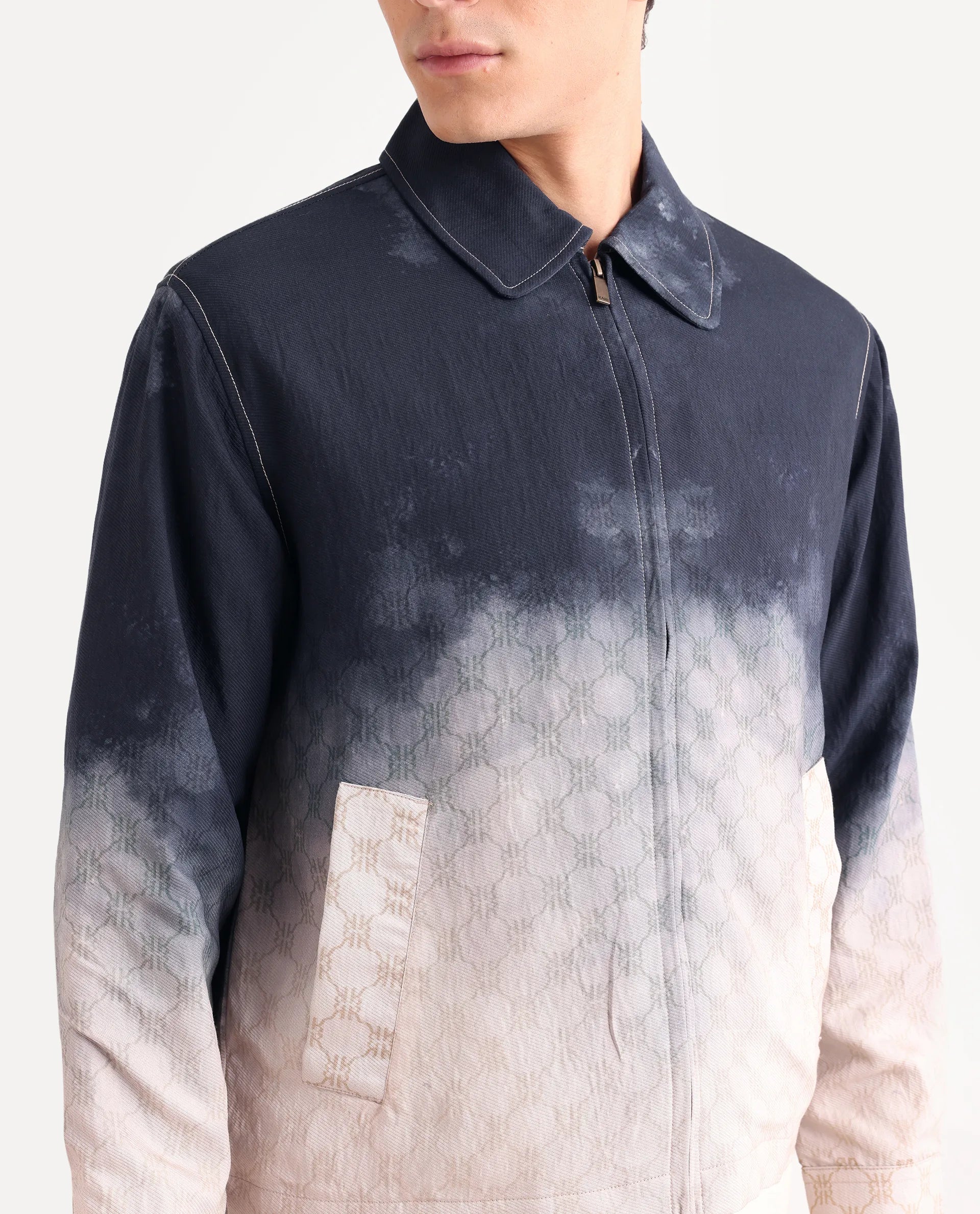Rare Rabbit Men's Jopy Navy Viscose Blend Fabric Spread Collar Regular Fit Ombre Print Jacket