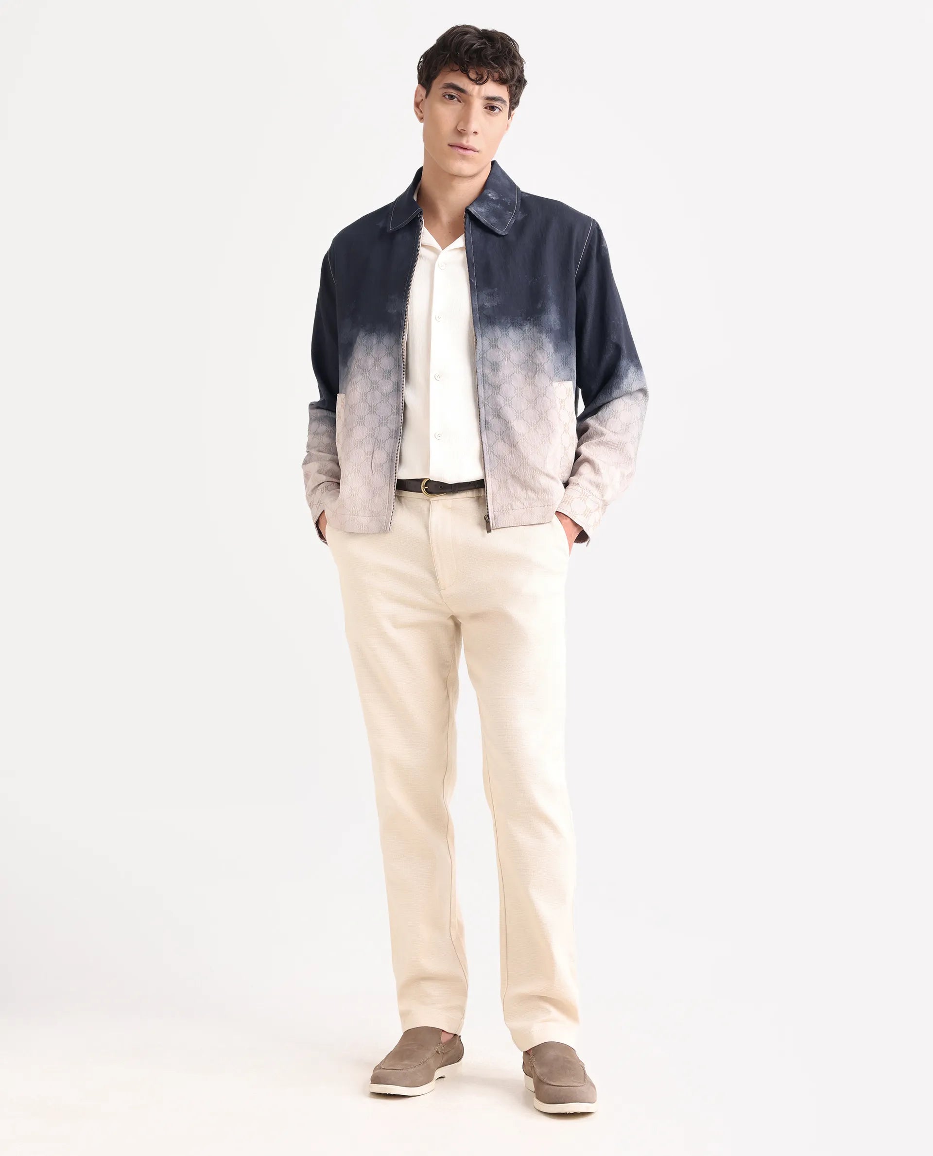 Rare Rabbit Men's Jopy Navy Viscose Blend Fabric Spread Collar Regular Fit Ombre Print Jacket