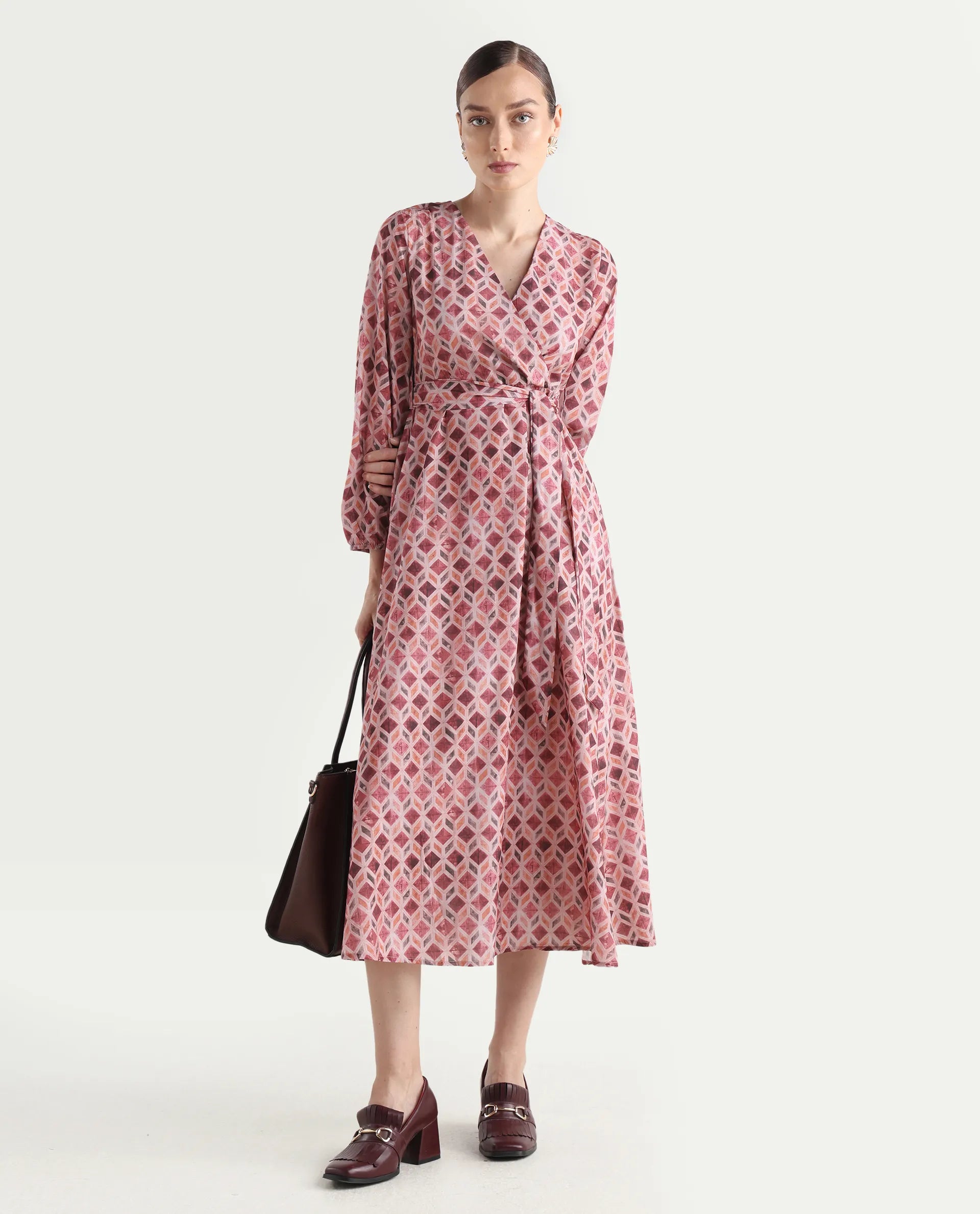 Rareism Women's Jorci Multi Polyester Overlap Neck Geometric Print Bishop Sleeve Maxi Fit And Flare Dress