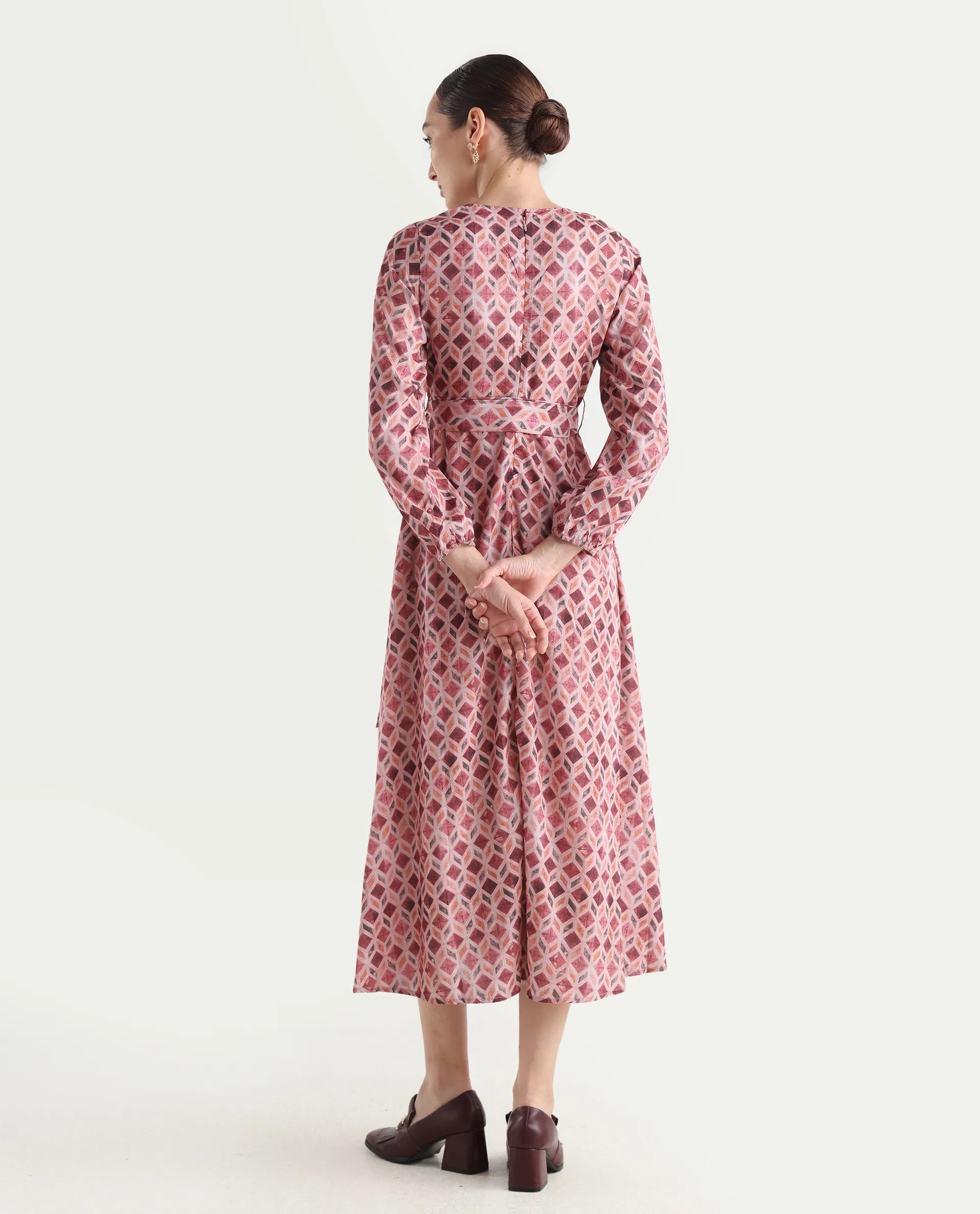 Rareism Women's Jorci Multi Polyester Overlap Neck Geometric Print Bishop Sleeve Maxi Fit And Flare Dress