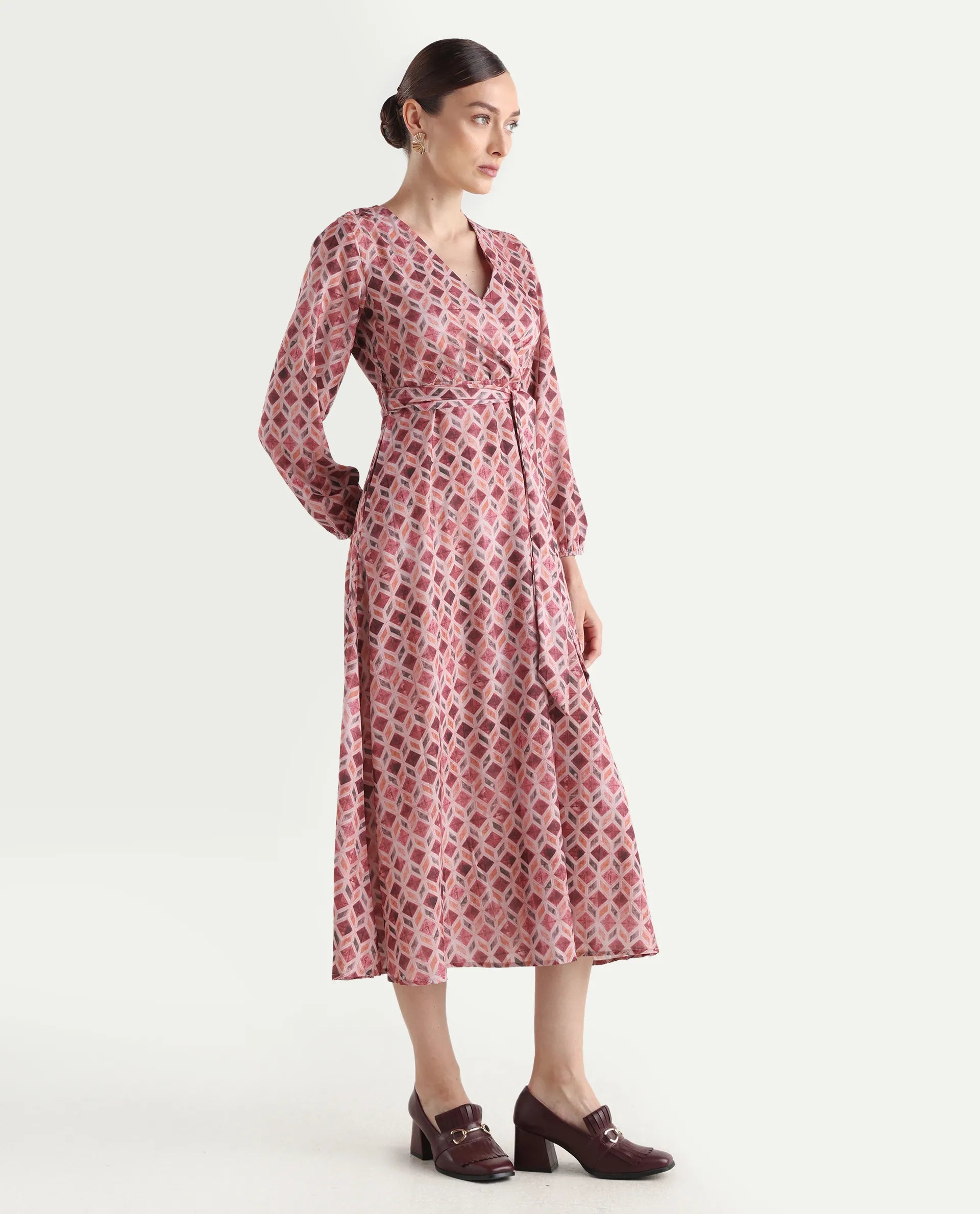 Rareism Women's Jorci Multi Polyester Overlap Neck Geometric Print Bishop Sleeve Maxi Fit And Flare Dress