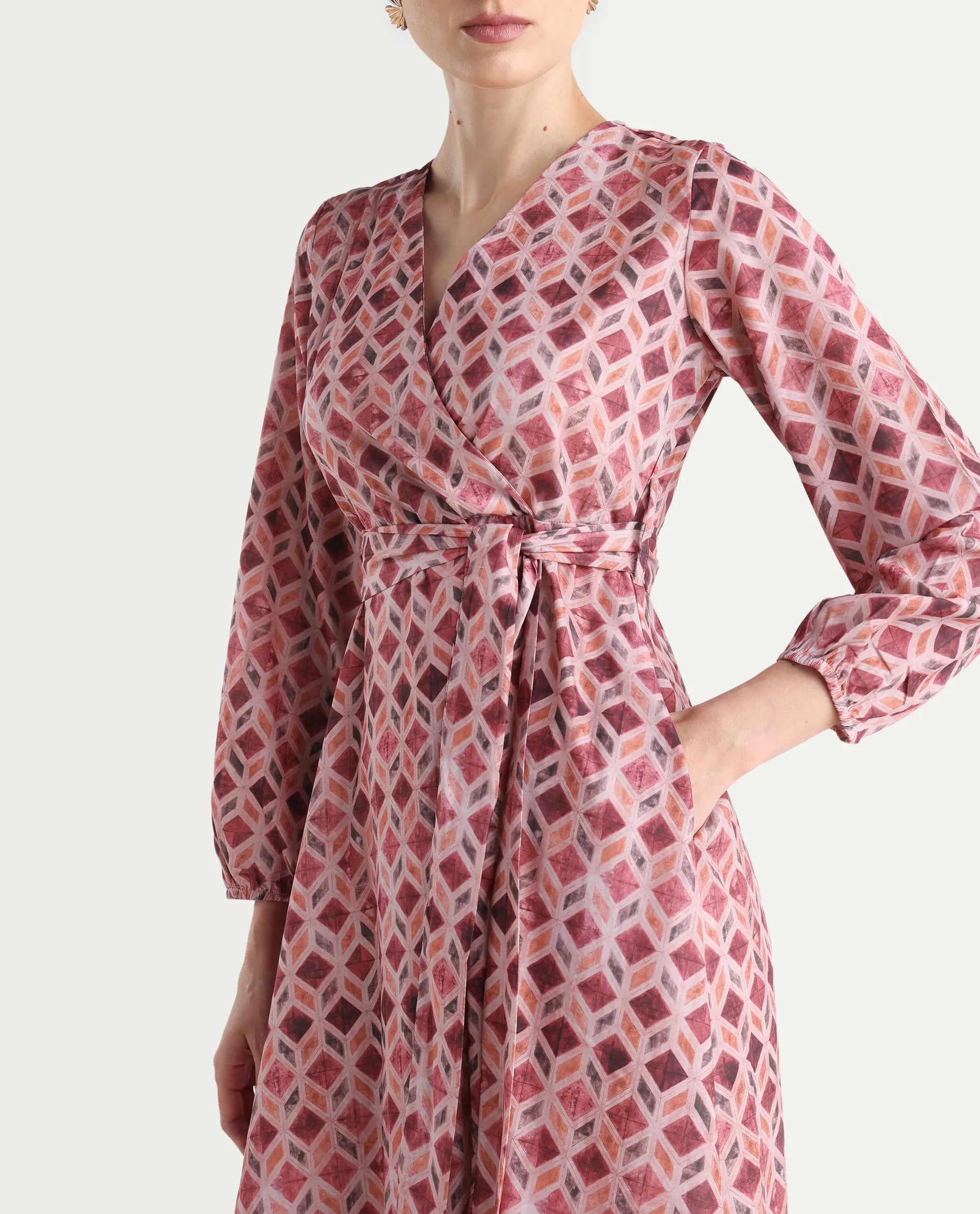 Rareism Women's Jorci Multi Polyester Overlap Neck Geometric Print Bishop Sleeve Maxi Fit And Flare Dress