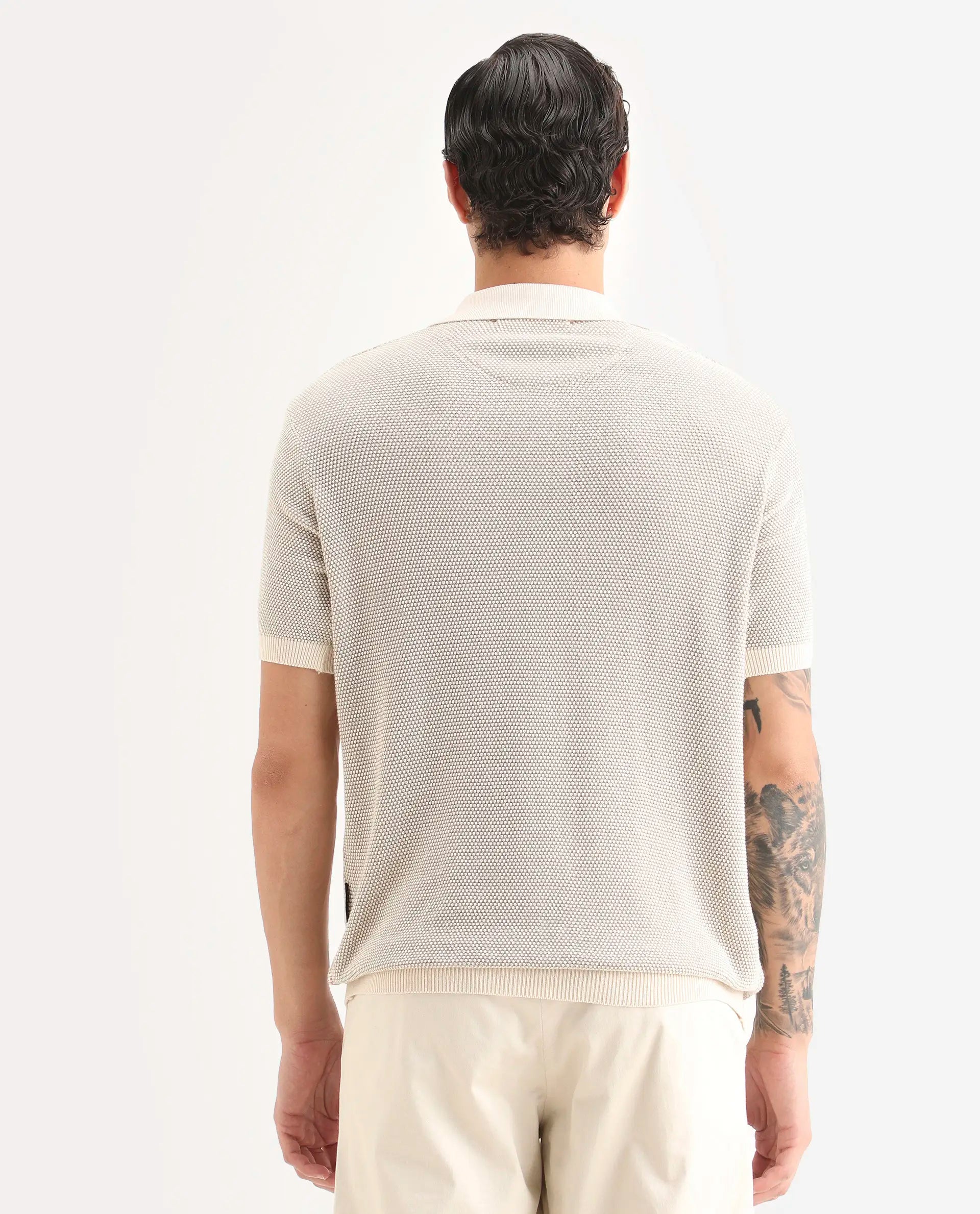 Rare Rabbit Men's Jordan Khaki Cotton Fabric Half Sleeve Regular Fit Textured Polo