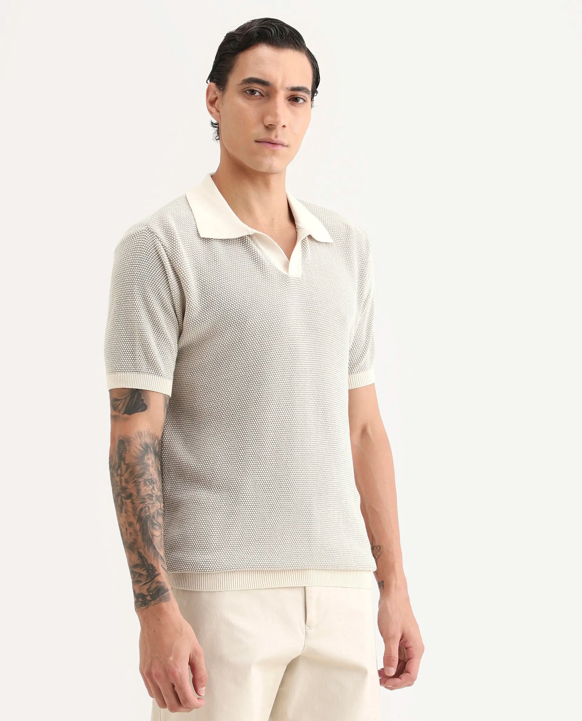 Rare Rabbit Men's Jordan Khaki Cotton Fabric Half Sleeve Regular Fit Textured Polo