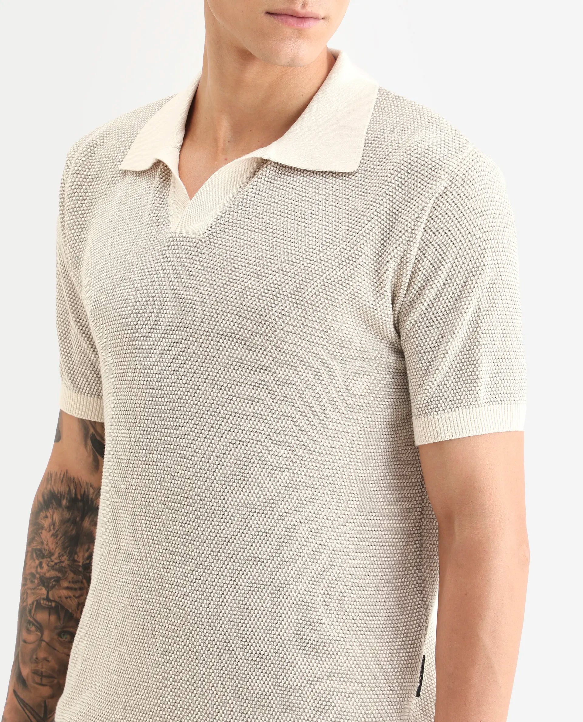 Rare Rabbit Men's Jordan Khaki Cotton Fabric Half Sleeve Regular Fit Textured Polo