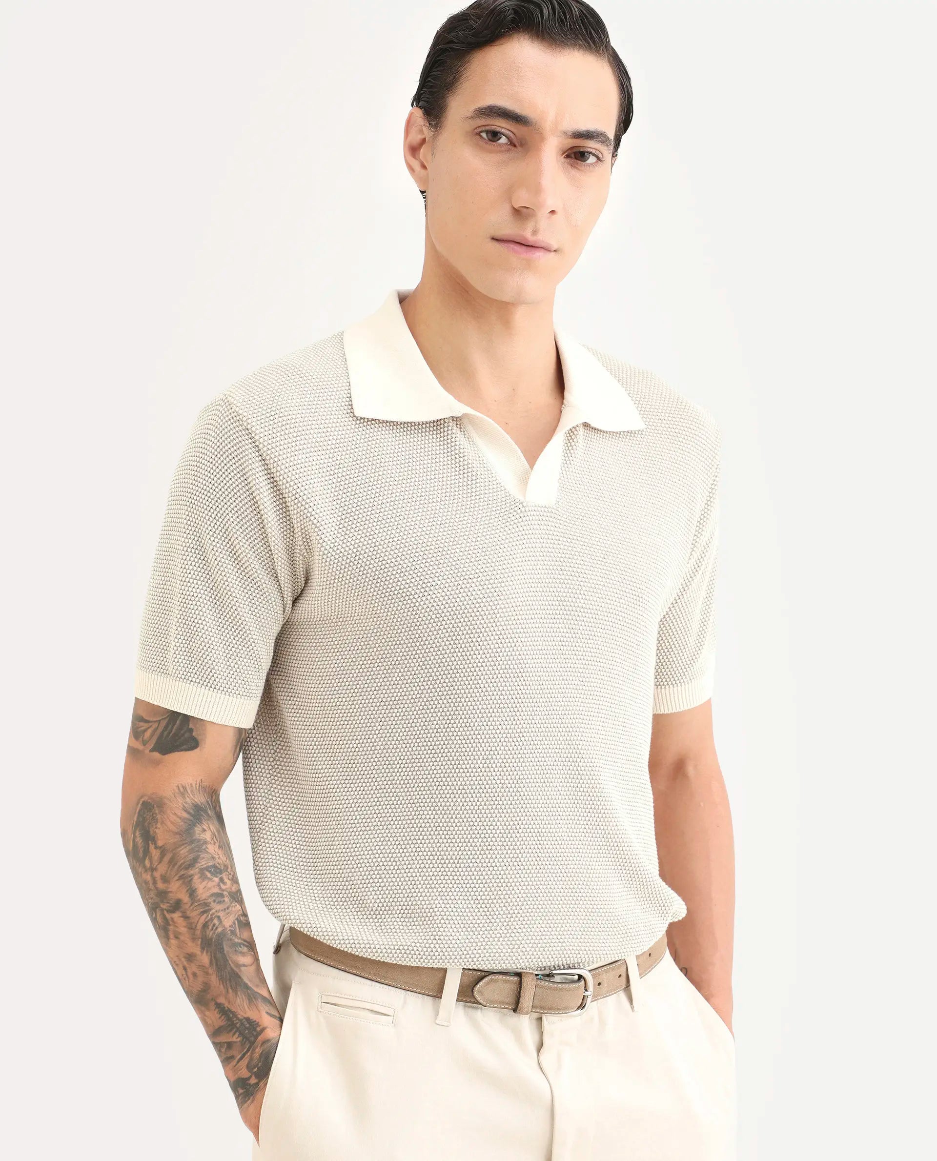 Rare Rabbit Men's Jordan Khaki Cotton Fabric Half Sleeve Regular Fit Textured Polo