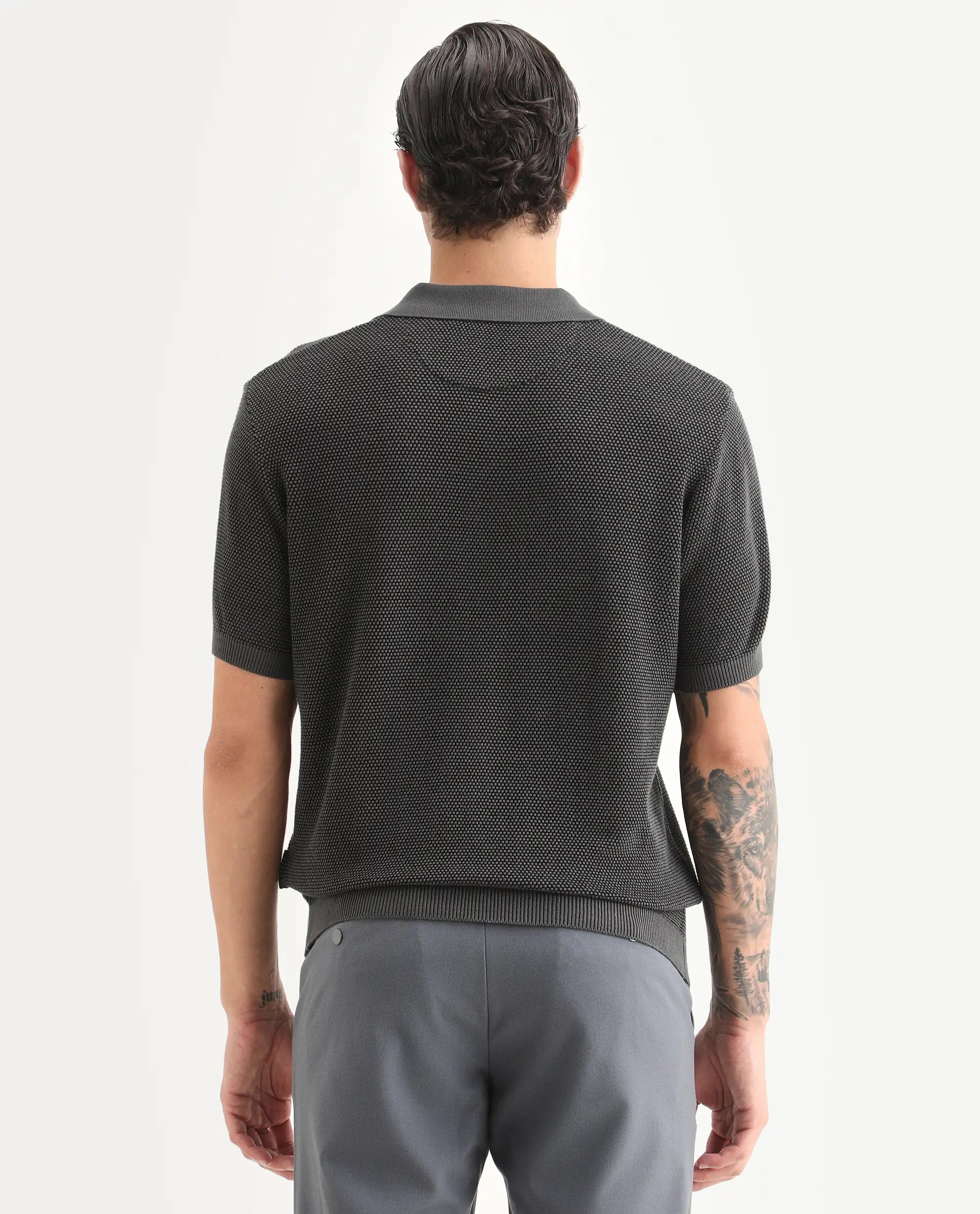 Rare Rabbit Men's Jordan Black Cotton Fabric Full Sleeve Regular Fit Textured Polo