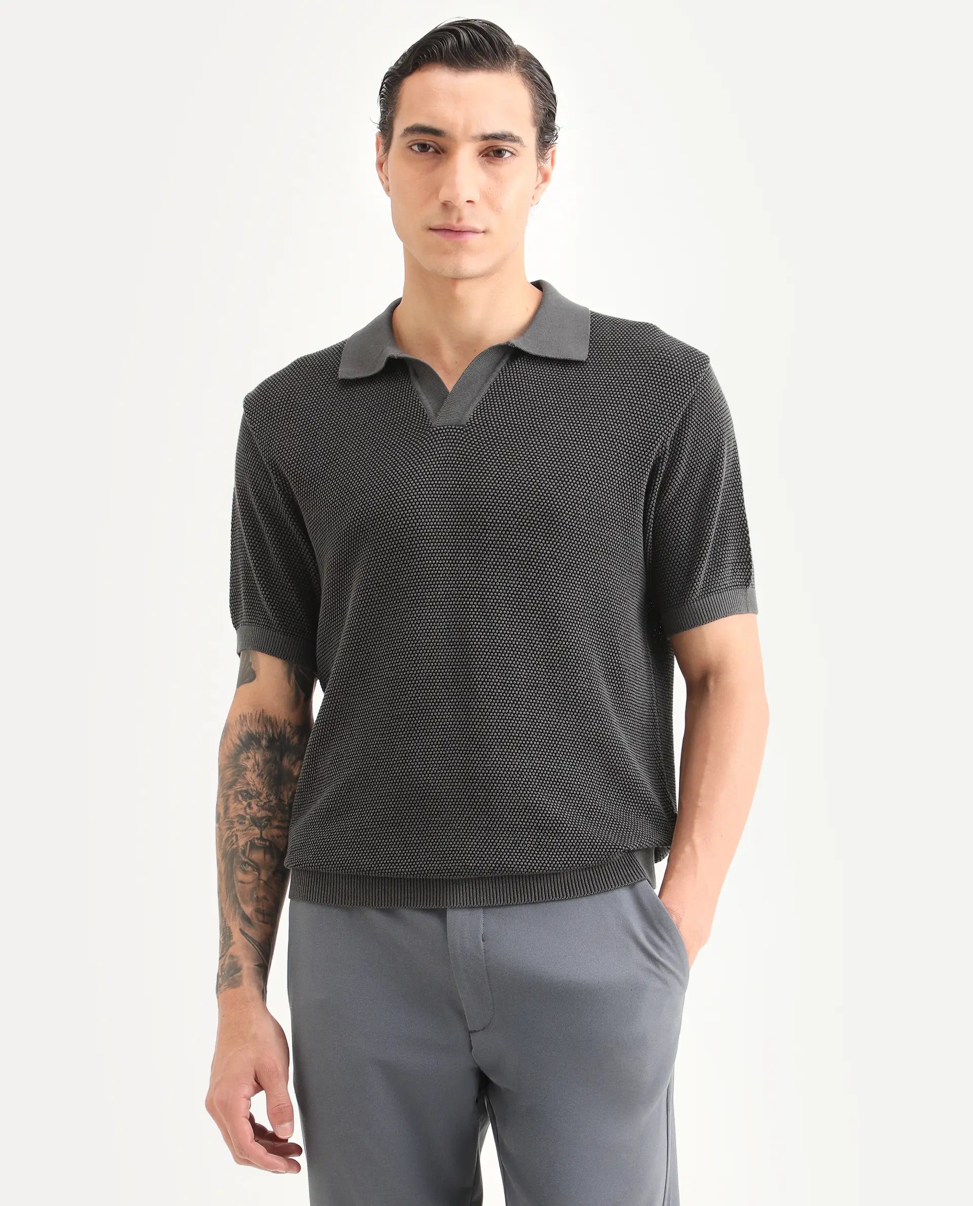 Rare Rabbit Men's Jordan Black Cotton Fabric Full Sleeve Regular Fit Textured Polo