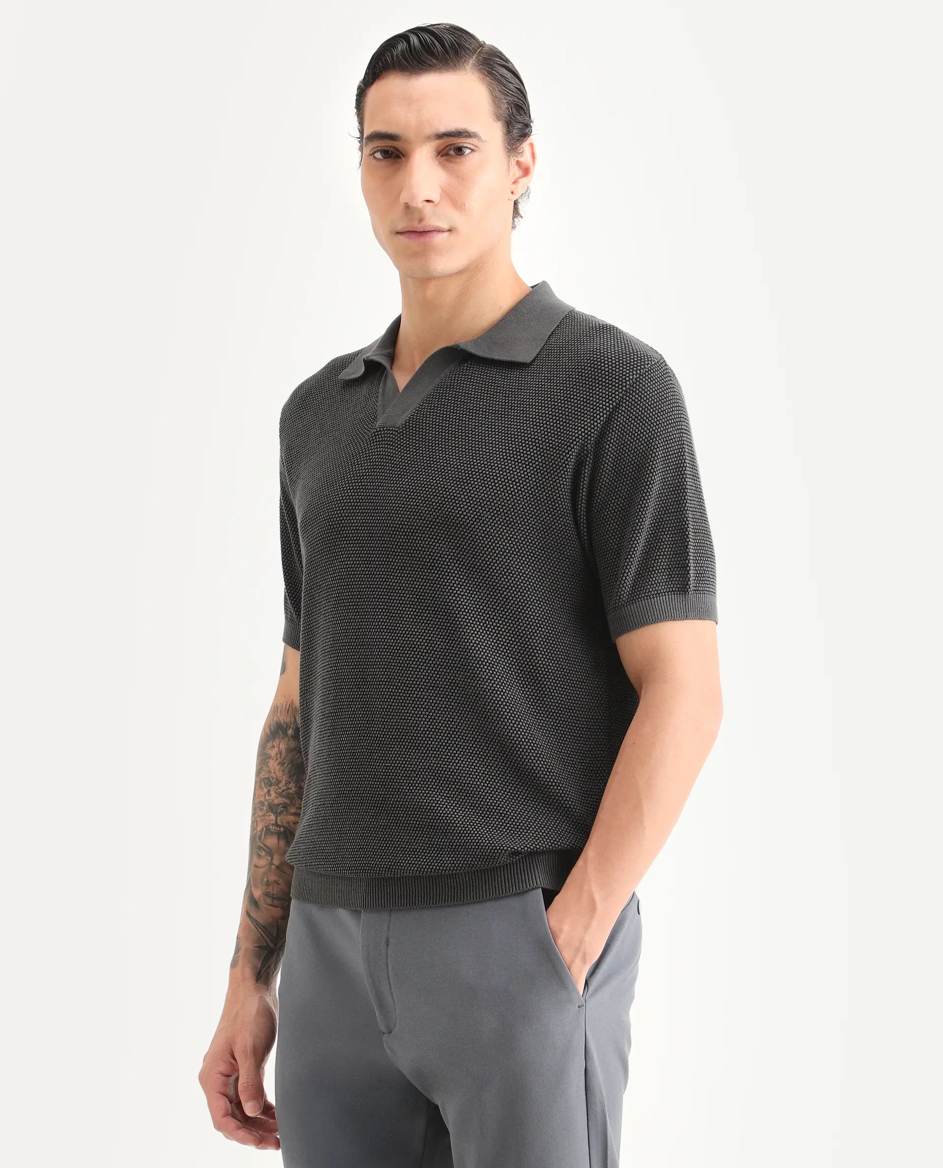 Rare Rabbit Men's Jordan Black Cotton Fabric Full Sleeve Regular Fit Textured Polo