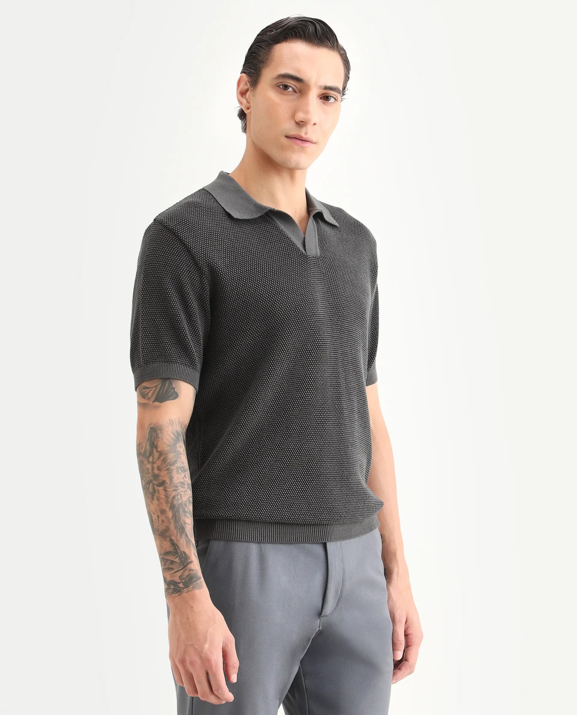 Rare Rabbit Men's Jordan Black Cotton Fabric Full Sleeve Regular Fit Textured Polo