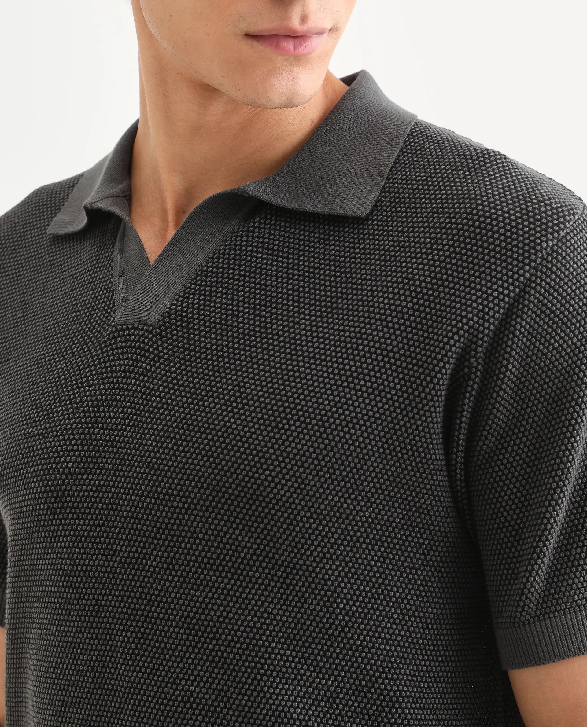 Rare Rabbit Men's Jordan Black Cotton Fabric Full Sleeve Regular Fit Textured Polo