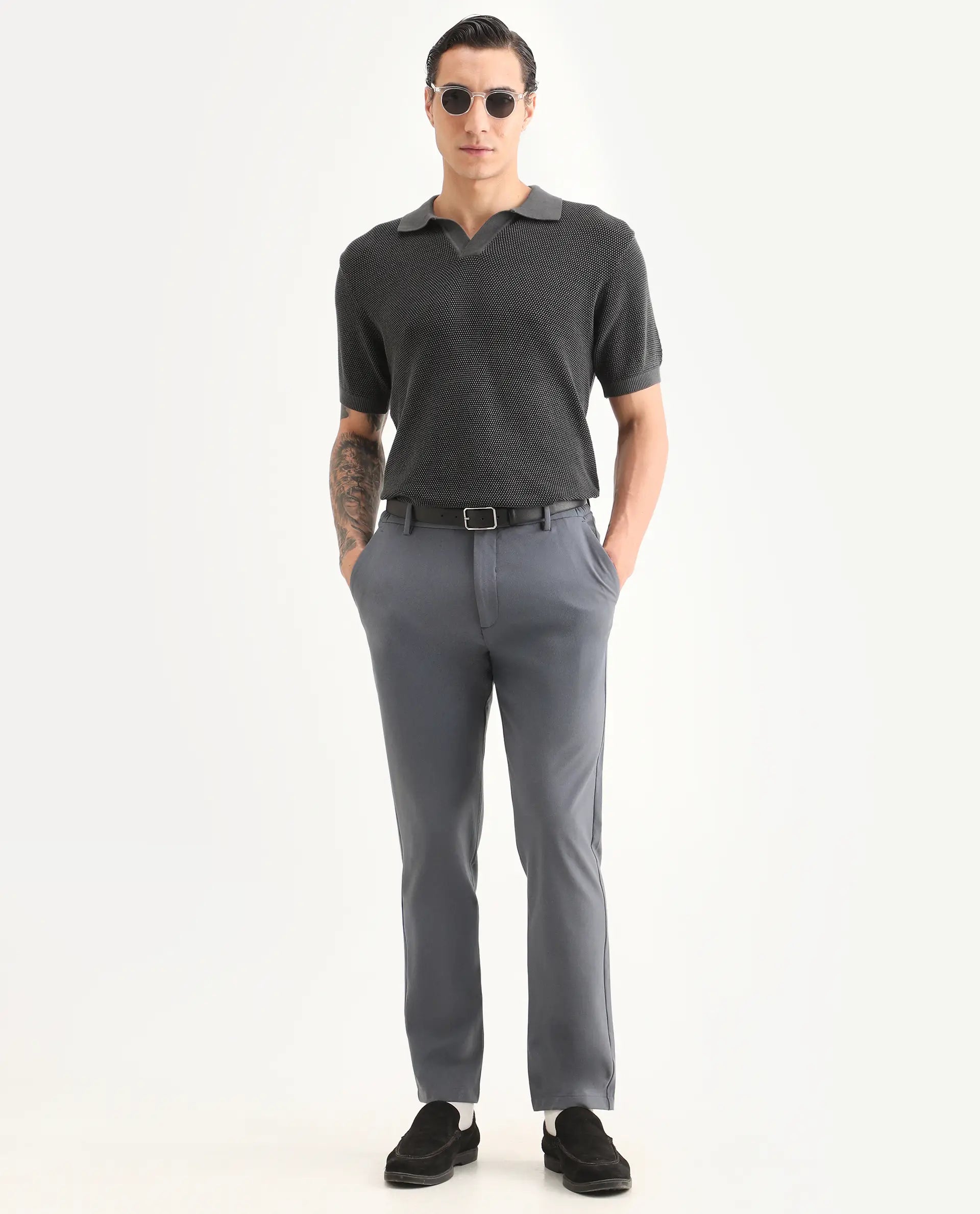 Rare Rabbit Men's Jordan Black Cotton Fabric Full Sleeve Regular Fit Textured Polo