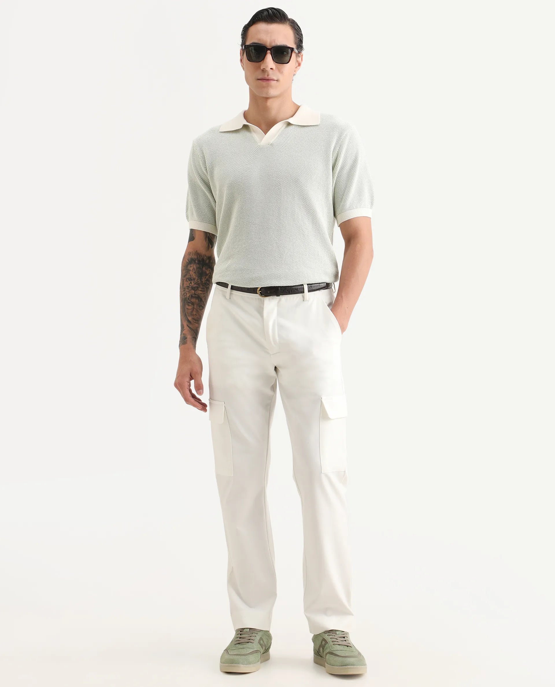 Rare Rabbit Men's Jordan Pastel Green Cotton Fabric Full Sleeve Regular Fit Textured Polo