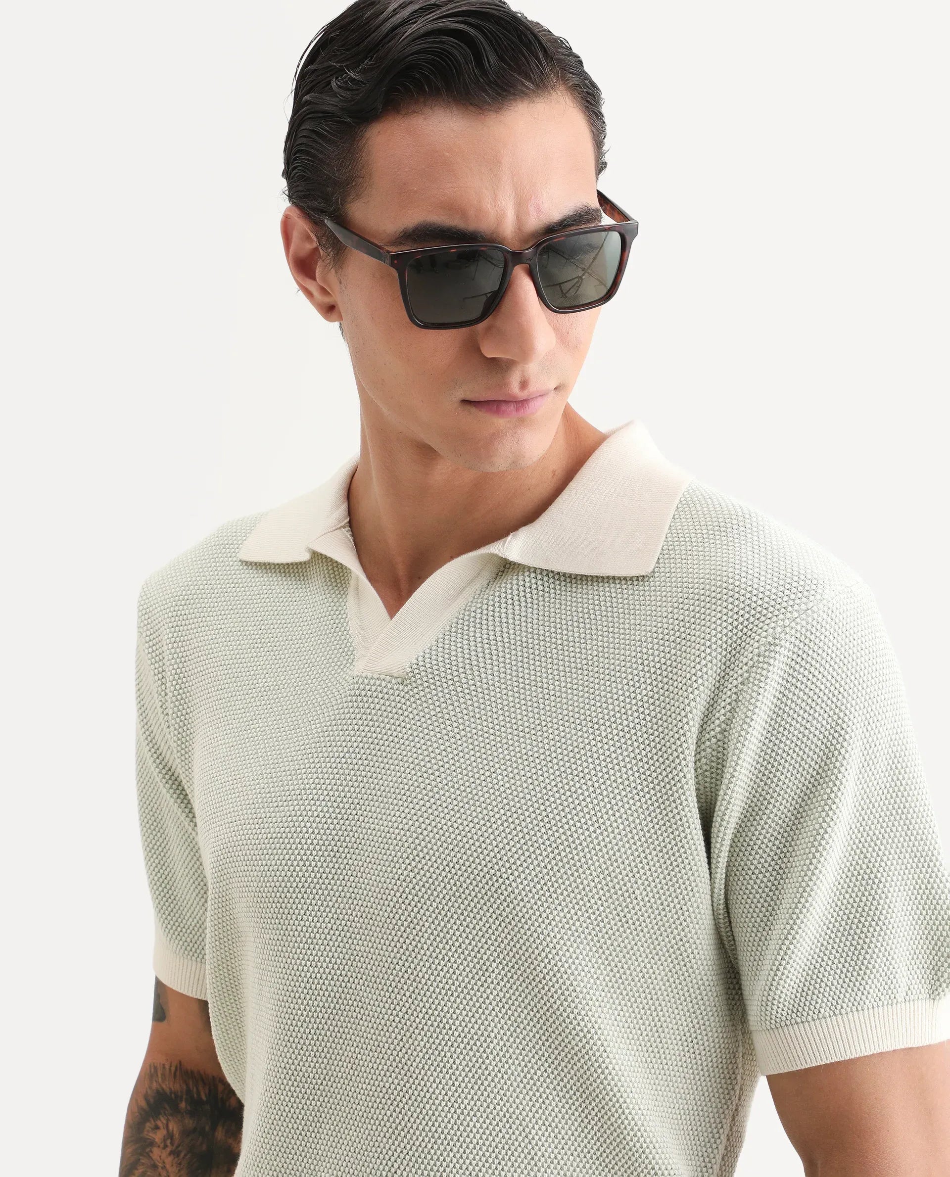 Rare Rabbit Men's Jordan Pastel Green Cotton Fabric Full Sleeve Regular Fit Textured Polo