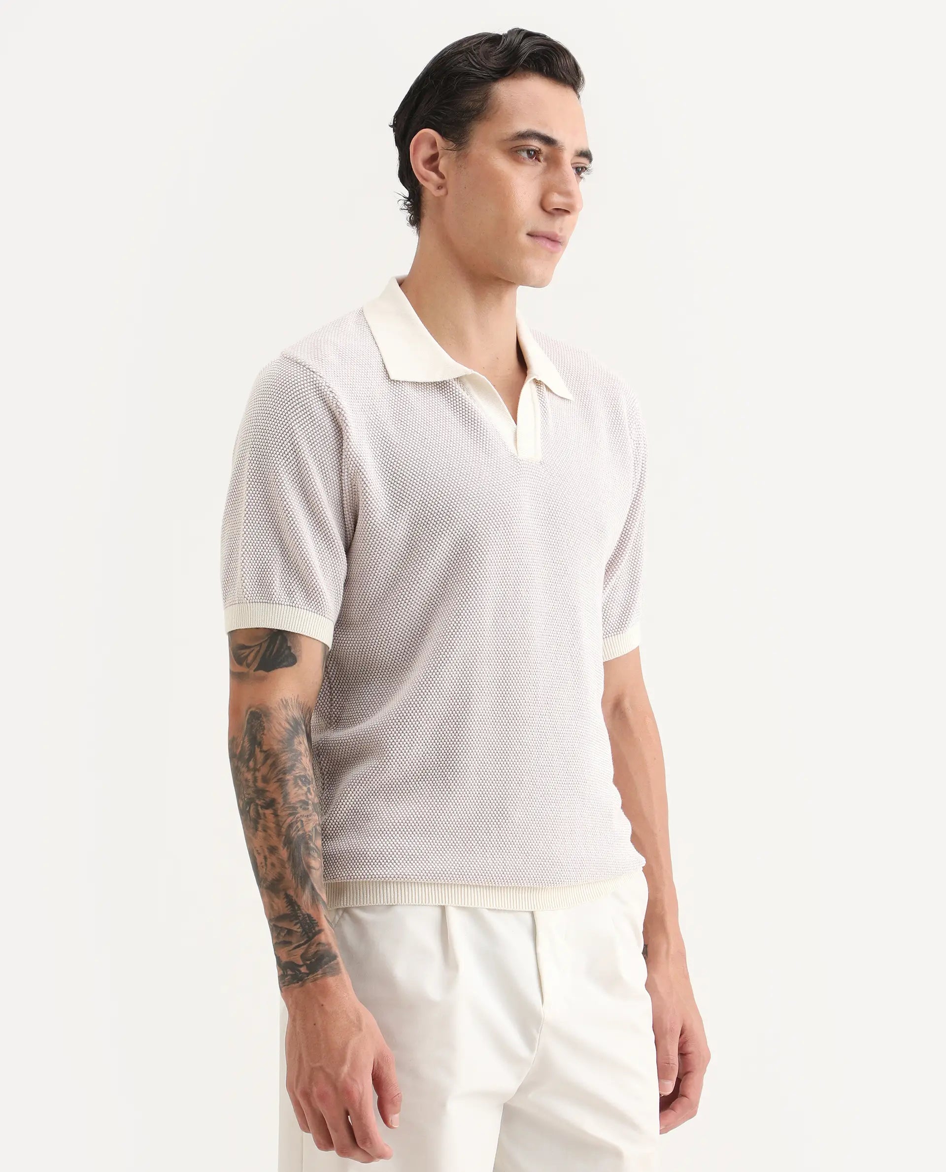 Rare Rabbit Men's Jordan Pastel Purple Cotton Fabric Full Sleeve Regular Fit Textured Polo