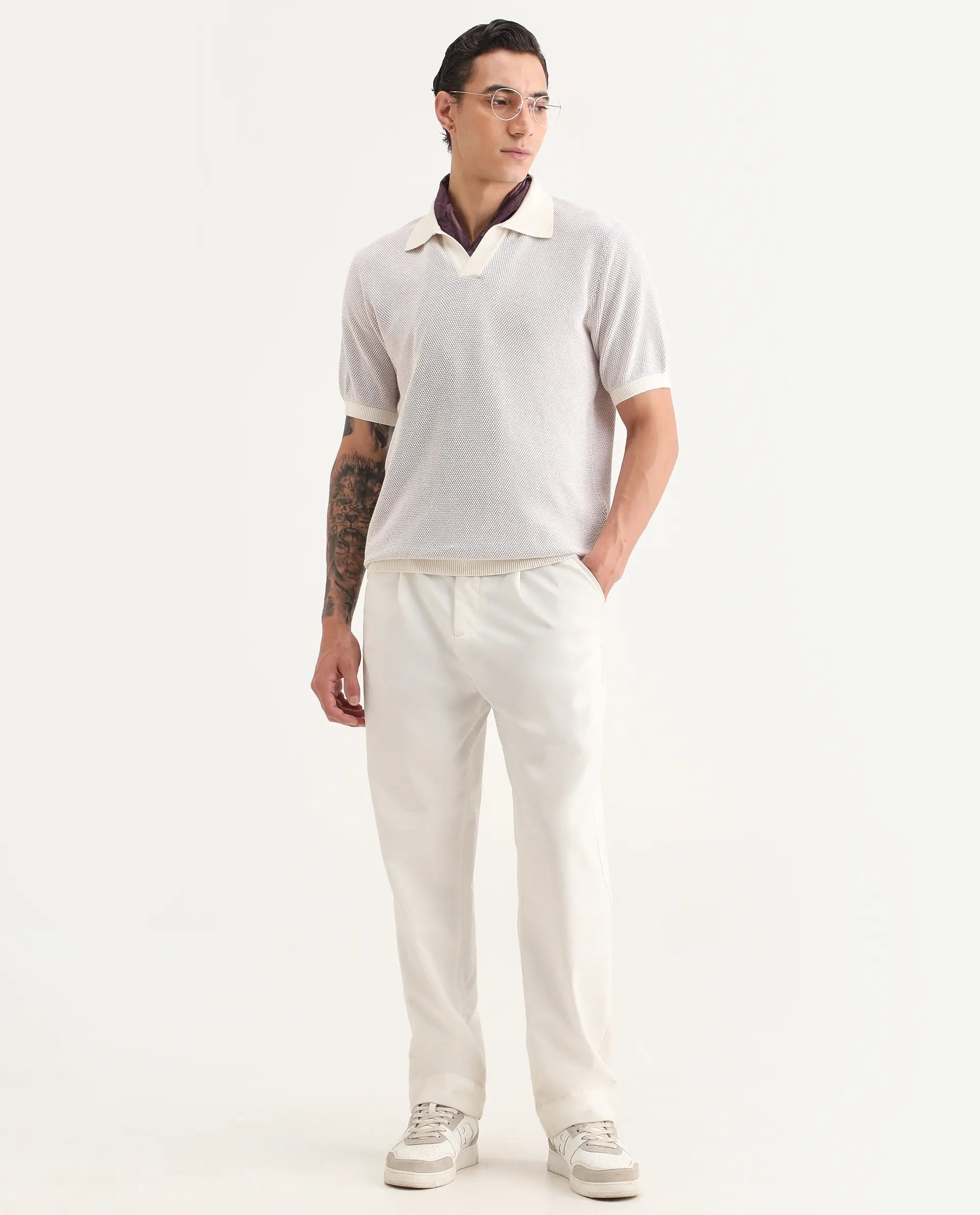 Rare Rabbit Men's Jordan Pastel Purple Cotton Fabric Full Sleeve Regular Fit Textured Polo