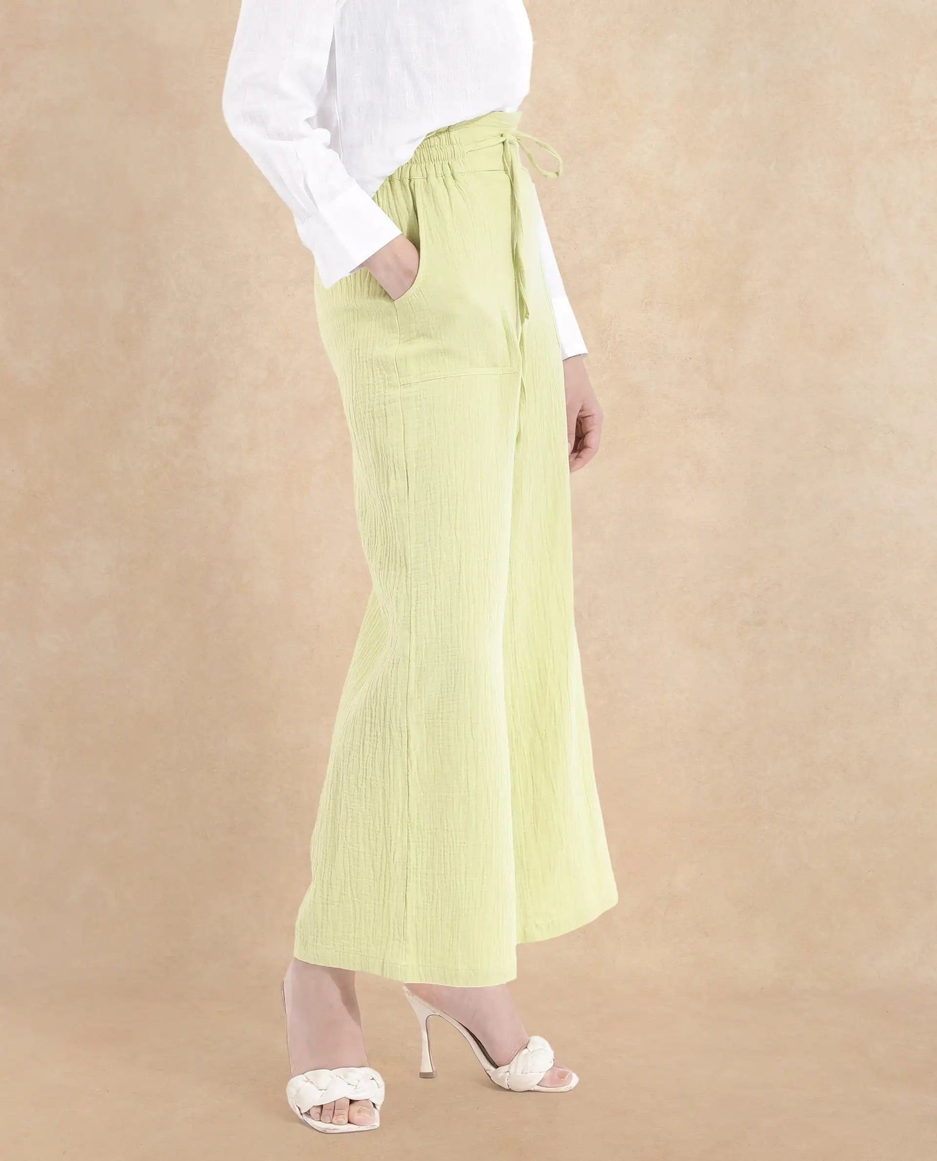 Rareism Women Jorden-B Flouroscent Green Tie Up Wide Fit Ankle Length Plain Trouser