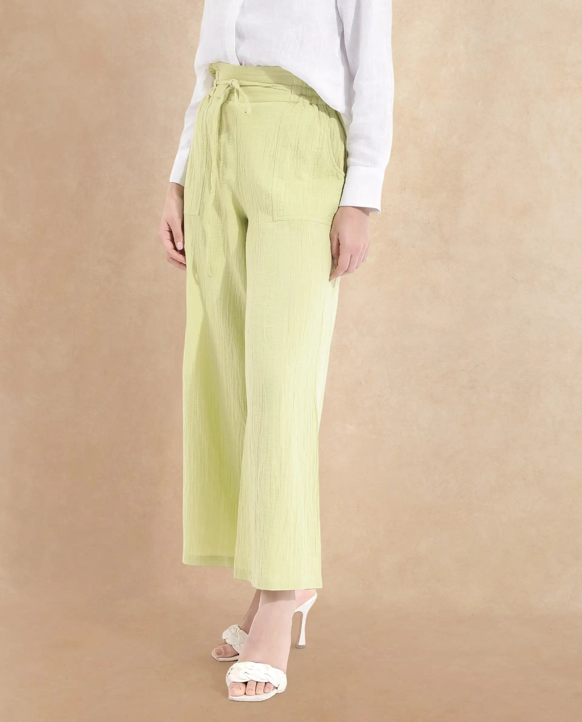 Rareism Women Jorden-B Flouroscent Green Tie Up Wide Fit Ankle Length Plain Trouser