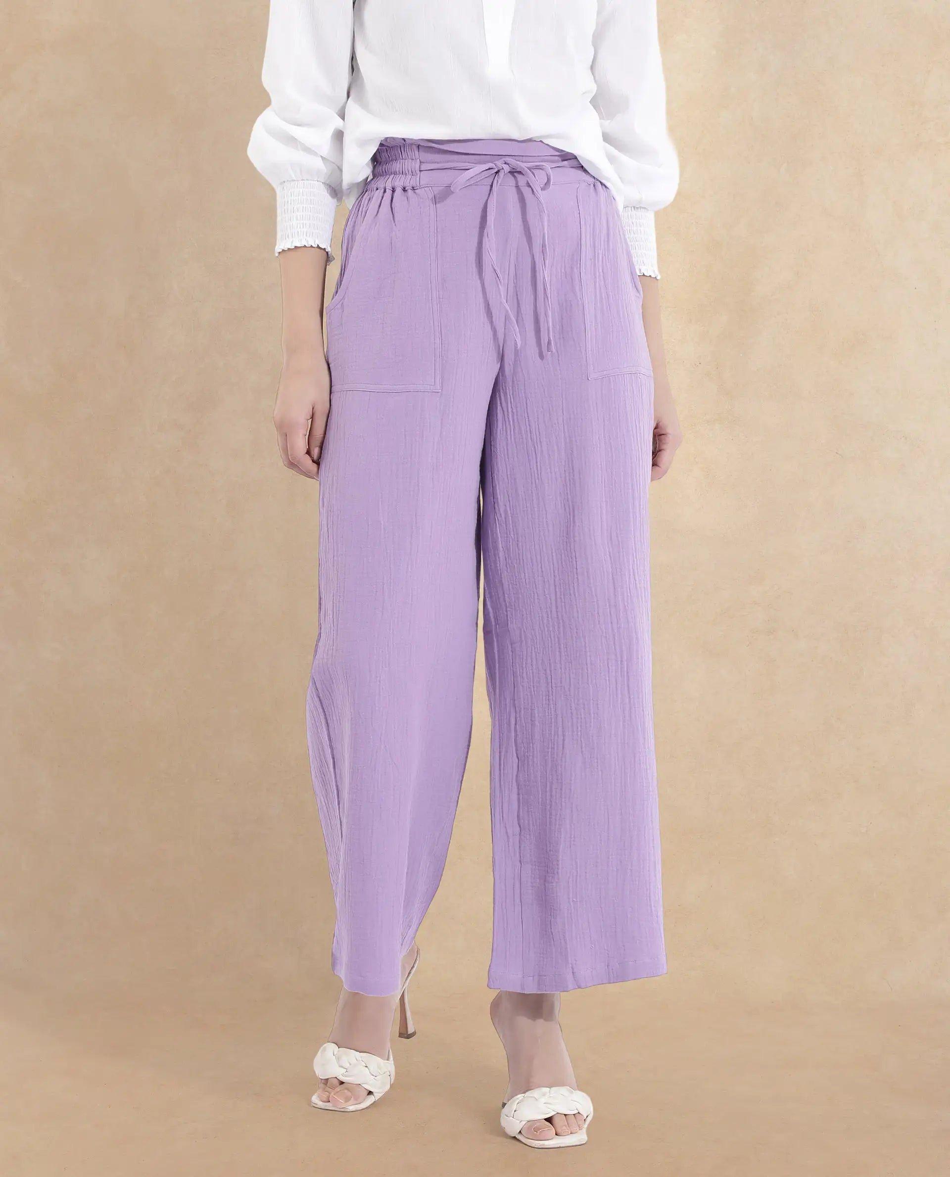 Rareism Women Jorden-B Pastel Purple Tie Up Wide Fit Ankle Length Plain Trouser