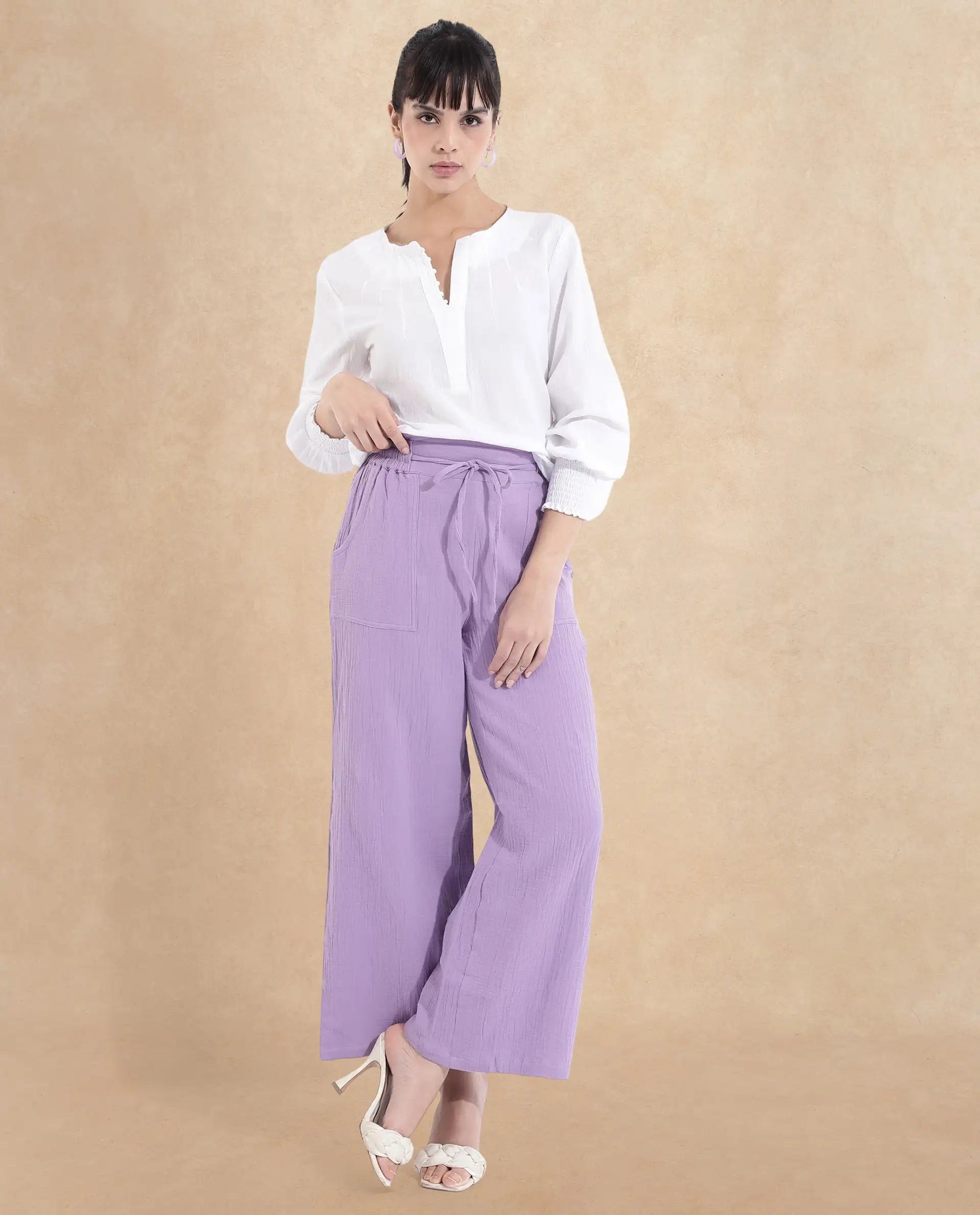 Rareism Women Jorden-B Pastel Purple Tie Up Wide Fit Ankle Length Plain Trouser