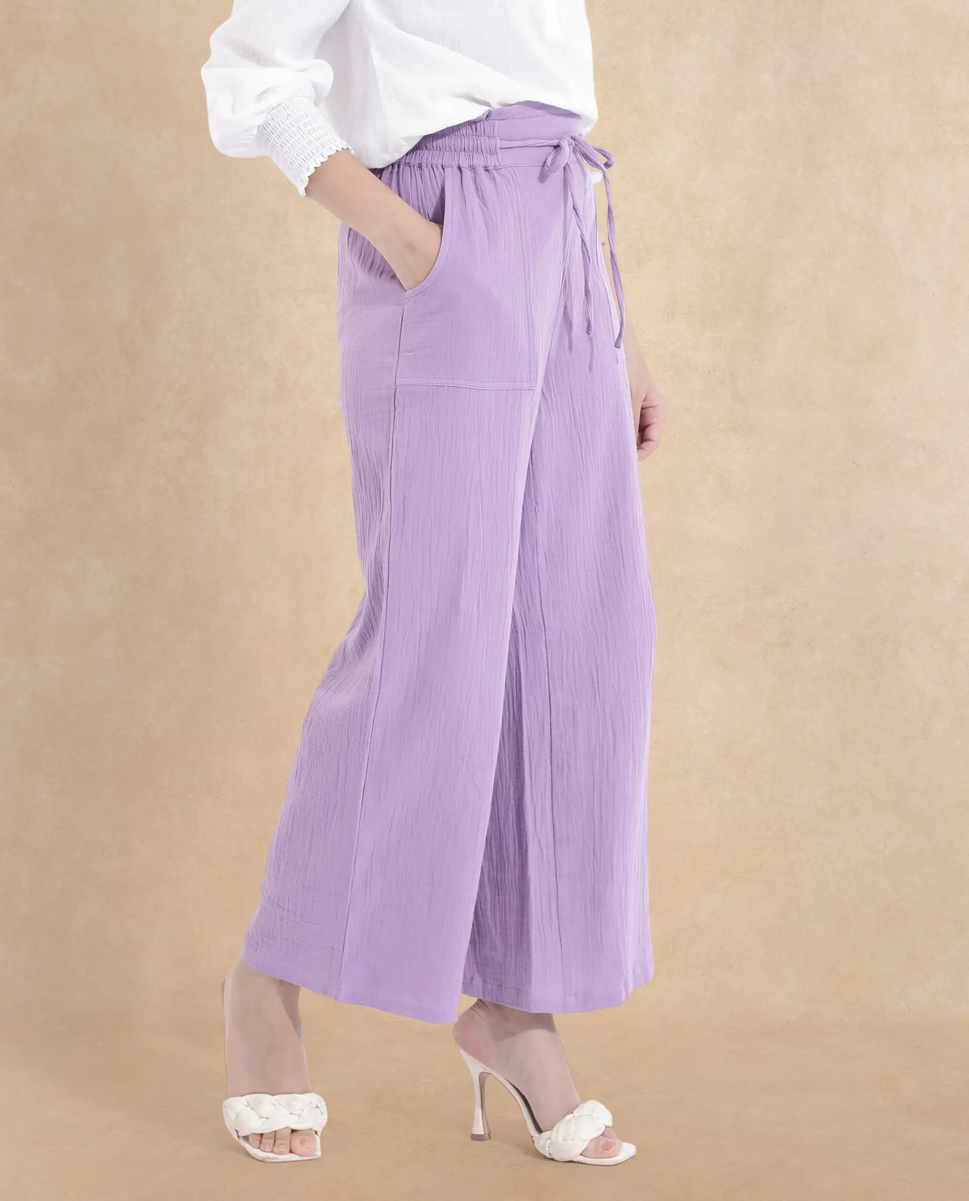 Rareism Women Jorden-B Pastel Purple Tie Up Wide Fit Ankle Length Plain Trouser