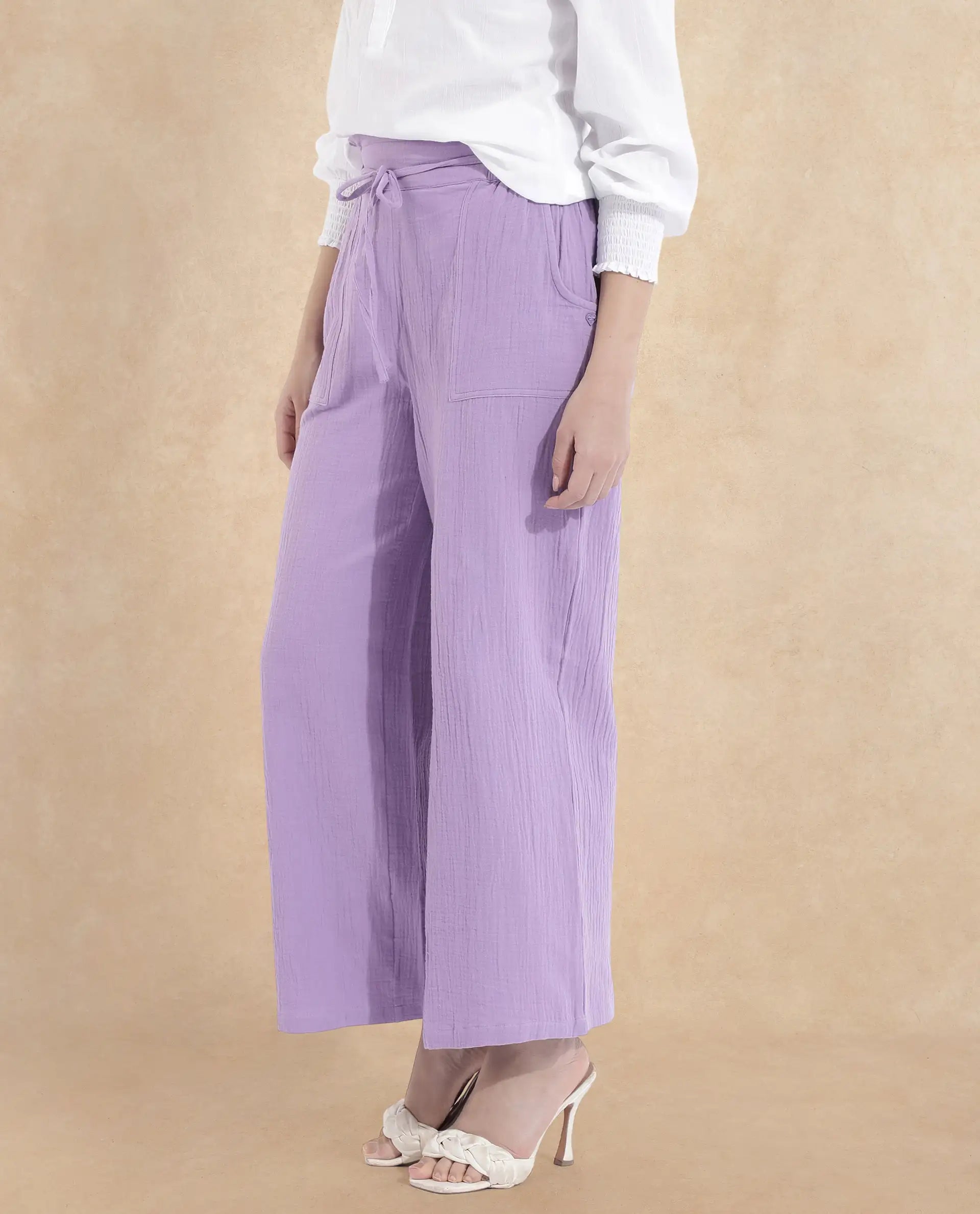 Rareism Women Jorden-B Pastel Purple Tie Up Wide Fit Ankle Length Plain Trouser