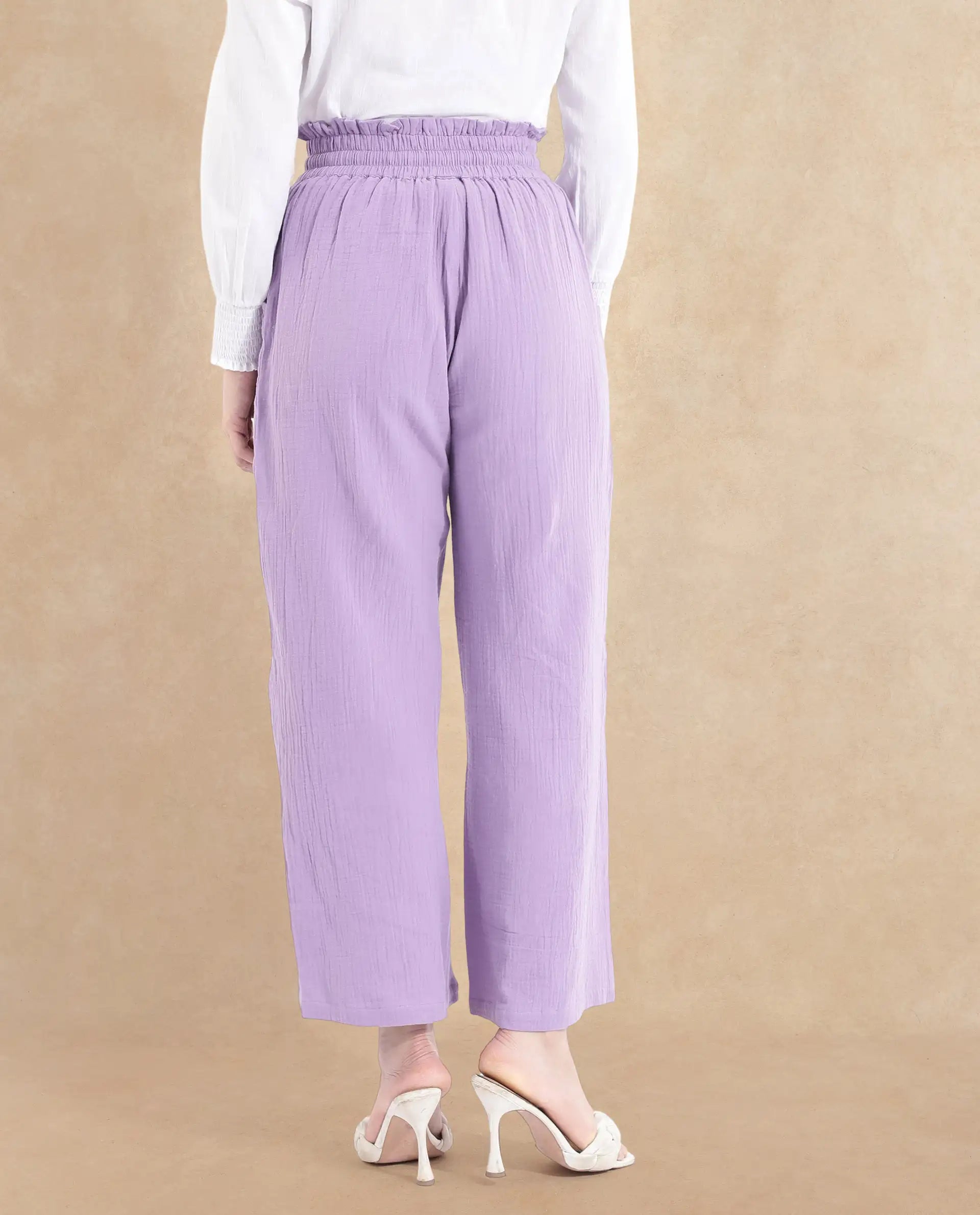 Rareism Women Jorden-B Pastel Purple Tie Up Wide Fit Ankle Length Plain Trouser